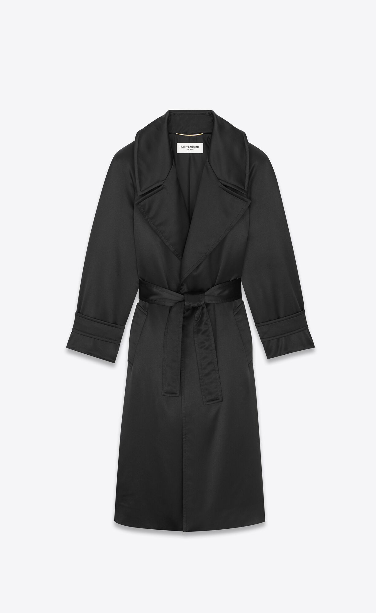 YSL Belted Coat In Crepe Satin Čierne | 02648-BFRT