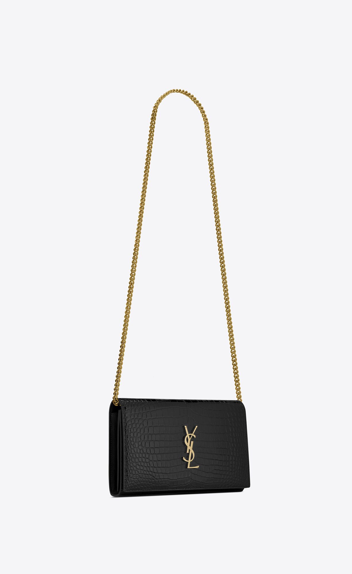 YSL Cassandre Chain Wallet In Crocodile-embossed Shiny Kozene Čierne | 85092-BXZW