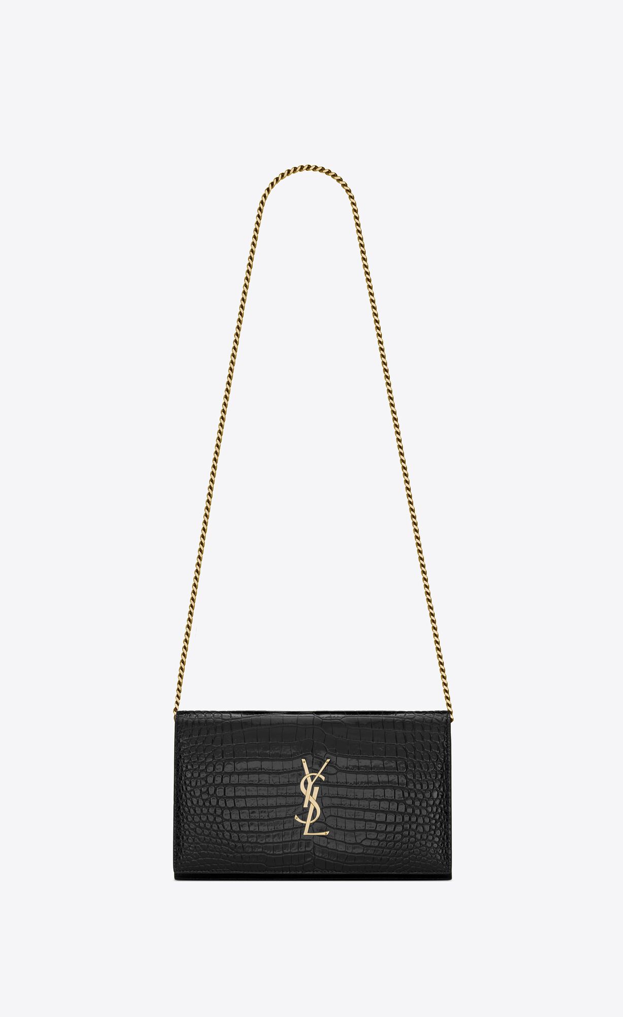 YSL Cassandre Chain Wallet In Crocodile-embossed Shiny Kozene Čierne | 85092-BXZW