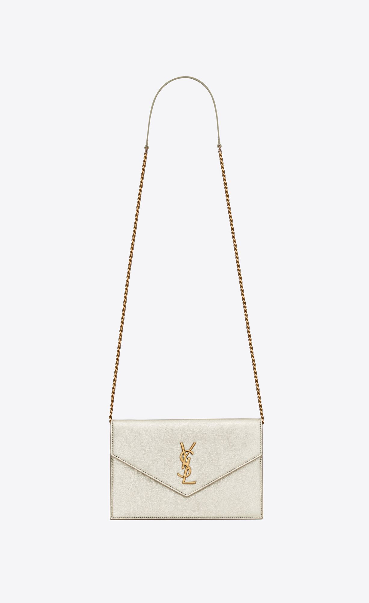 YSL Cassandre Envelope Chain Wallet In Metallized Kozene Zlate | 54306-XHJB