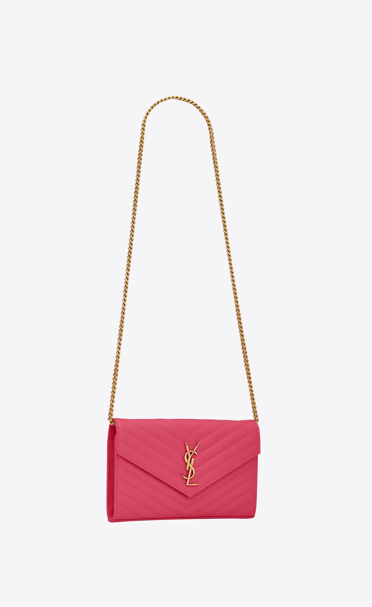 YSL Cassandre Matelassé Chain Wallet In Grain De Poudre Embossed Kozene Fuchsie | 39615-MTWV