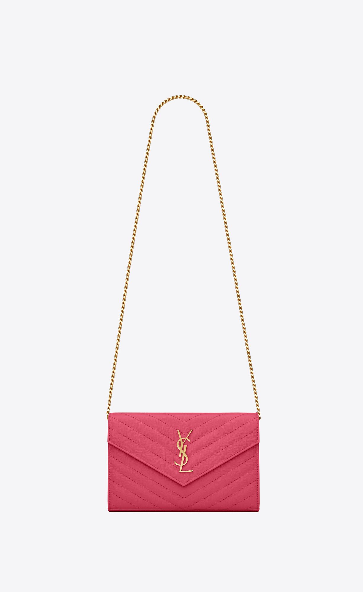 YSL Cassandre Matelassé Chain Wallet In Grain De Poudre Embossed Kozene Fuchsie | 39615-MTWV