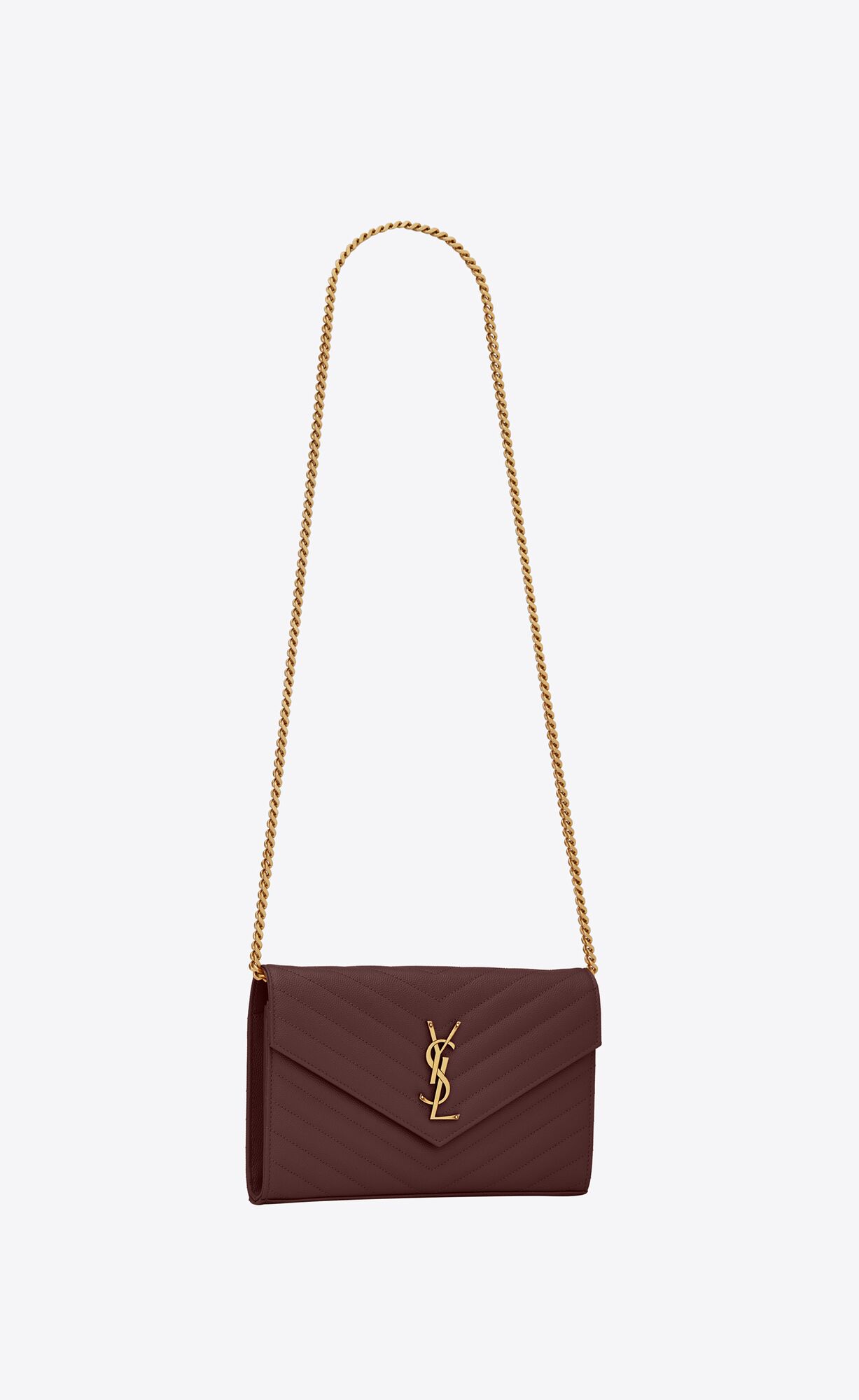 YSL Cassandre Matelassé Chain Wallet In Grain De Poudre Embossed Kozene Tmavo Červené | 42953-XENV