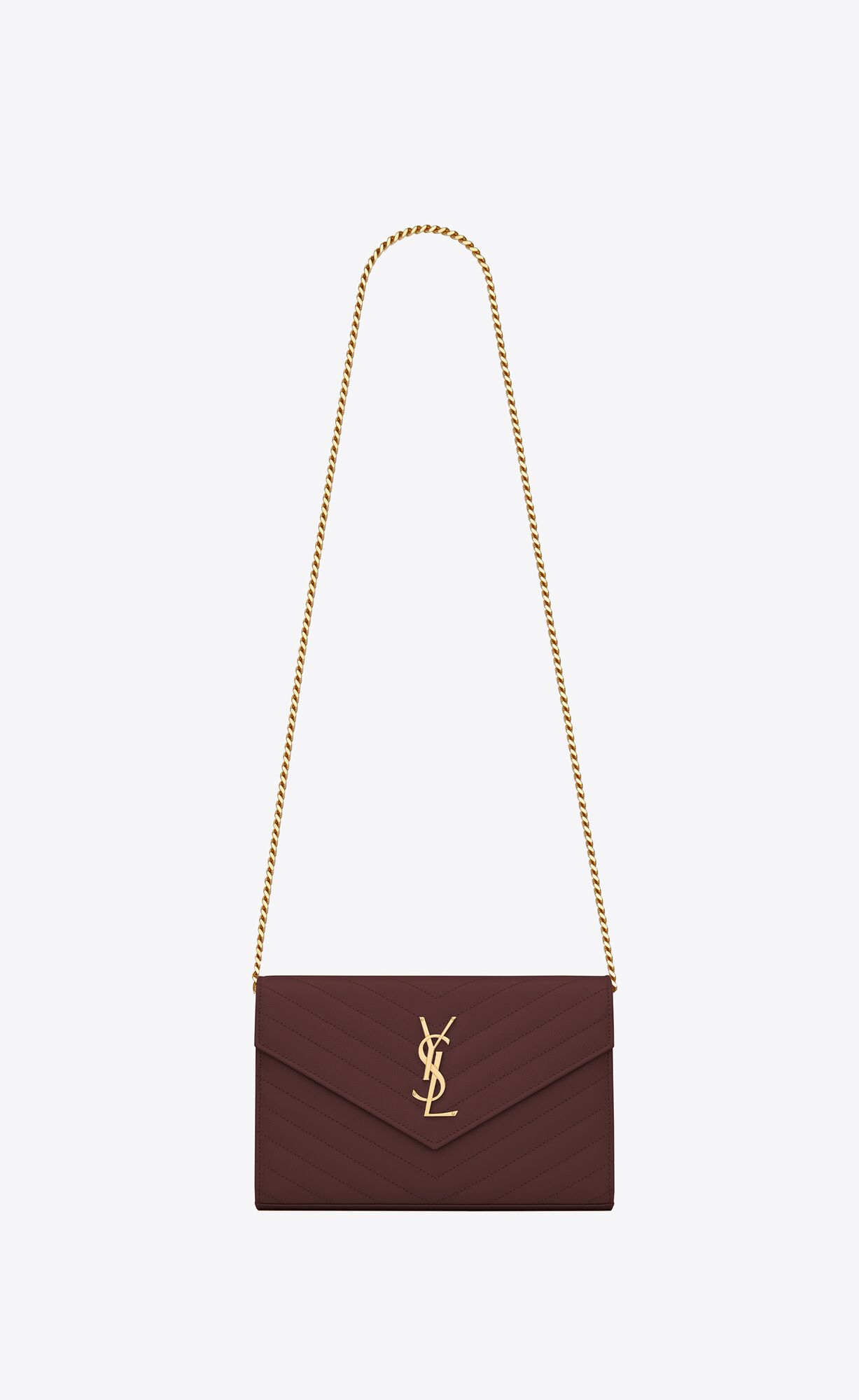 YSL Cassandre Matelassé Chain Wallet In Grain De Poudre Embossed Kozene Tmavo Červené | 42953-XENV