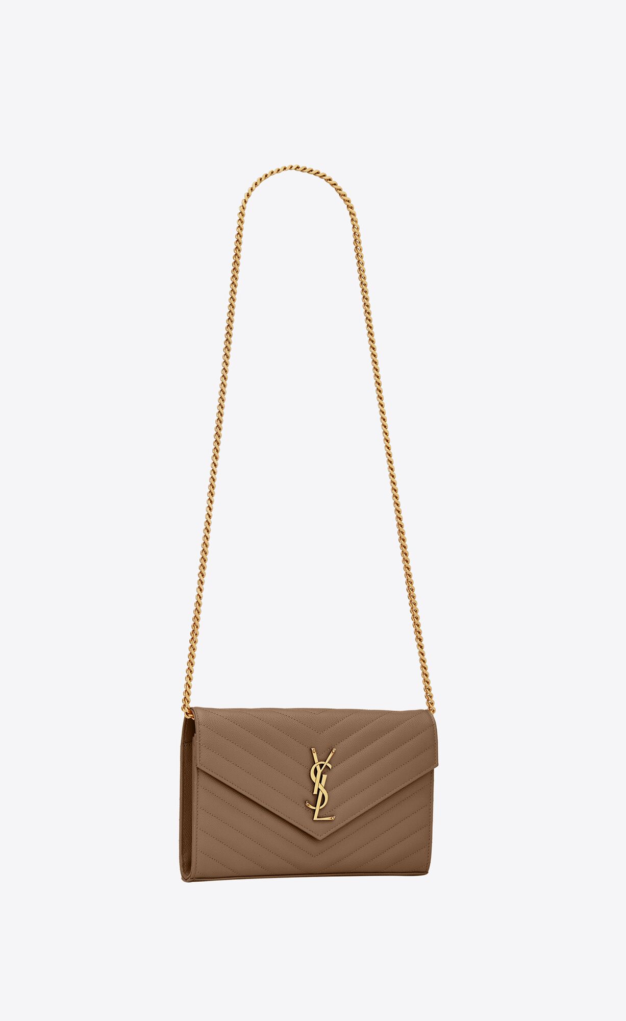 YSL Cassandre Matelassé Chain Wallet In Grain De Poudre Embossed Kozene Siva Hnede | 46023-NQOP