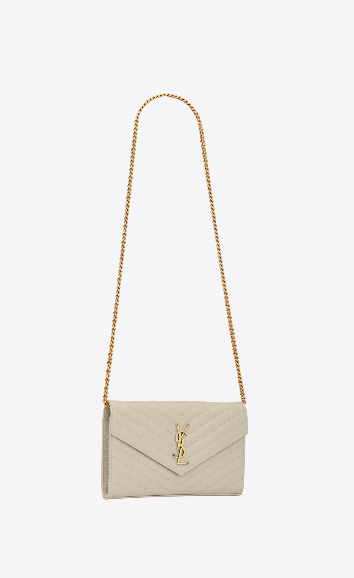 YSL Cassandre Matelassé Chain Wallet In Grain De Poudre Embossed Kozene Blanc Vintage | 61345-YBLC