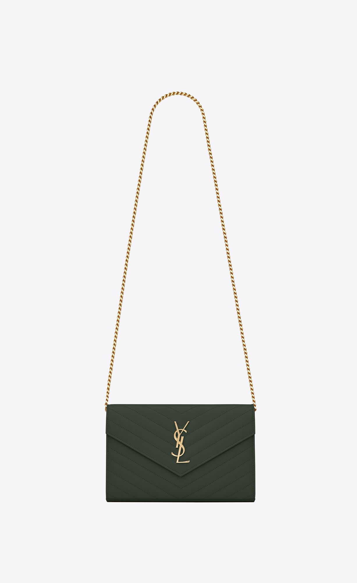 YSL Cassandre Matelassé Chain Wallet In Grain De Poudre Embossed Kozene Tmavo Zelene | 96514-NEZX