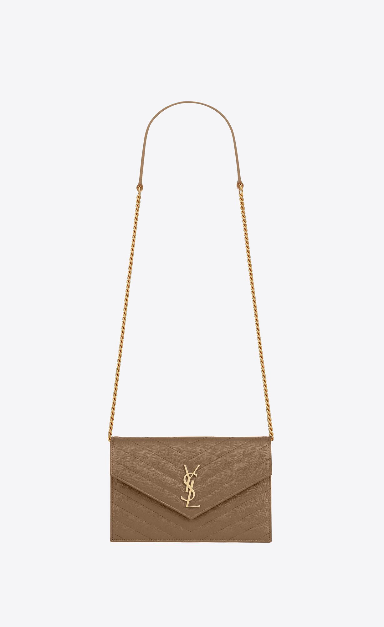 YSL Cassandre Matelassé Envelope Chain Wallet In Grain De Poudre Embossed Kozene Siva Hnede | 04136-ESLH