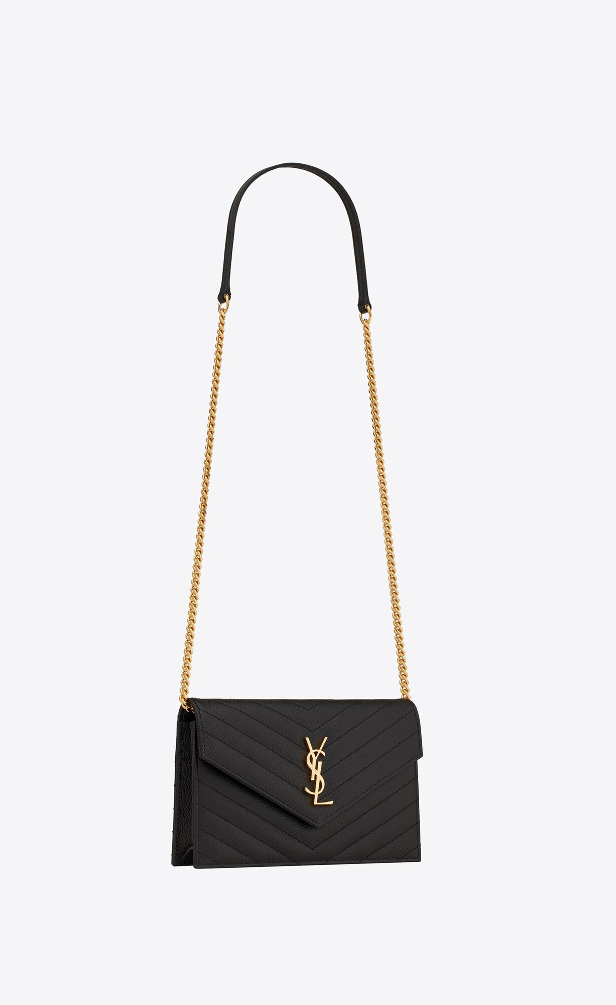 YSL Cassandre Matelassé Envelope Chain Wallet In Grain De Poudre Embossed Kozene Noir | 35620-CVXN