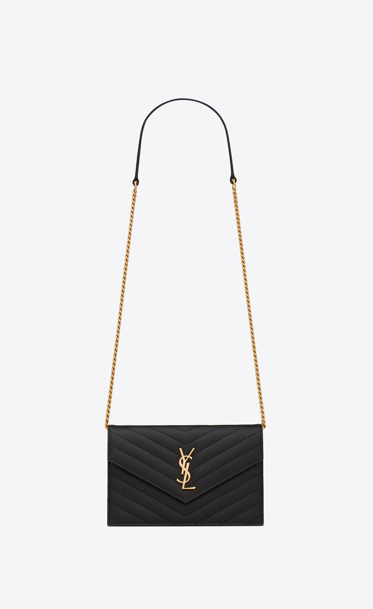 YSL Cassandre Matelassé Envelope Chain Wallet In Grain De Poudre Embossed Kozene Noir | 35620-CVXN