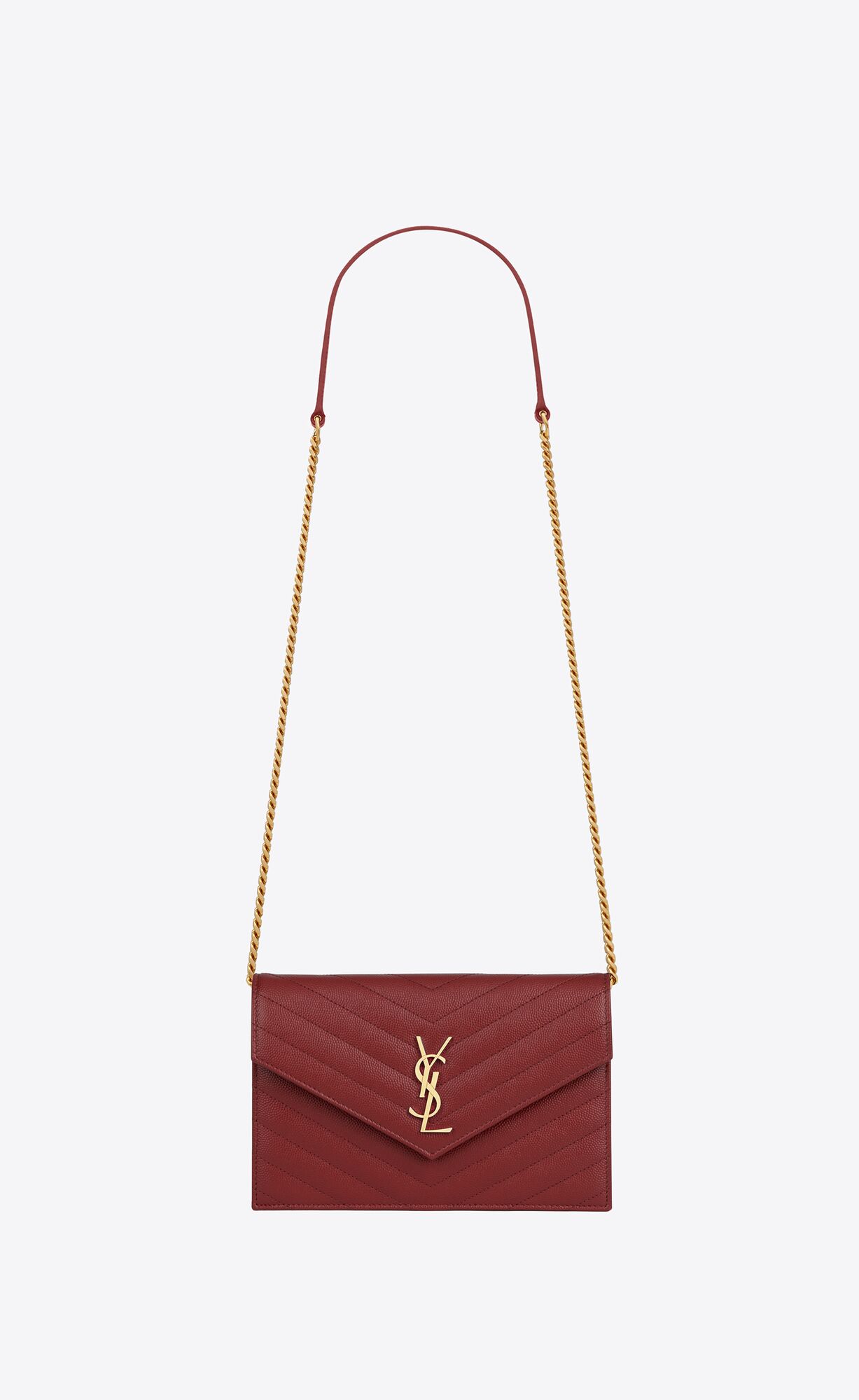 YSL Cassandre Matelassé Envelope Chain Wallet In Grain De Poudre Embossed Kozene Červené | 38250-WMSB