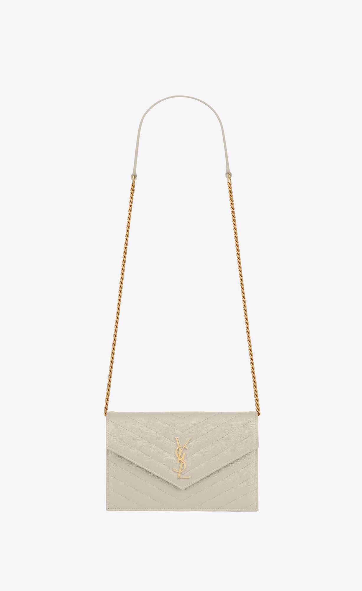 YSL Cassandre Matelassé Envelope Chain Wallet In Grain De Poudre Embossed Kozene Crema Soft | 86574-BSOI