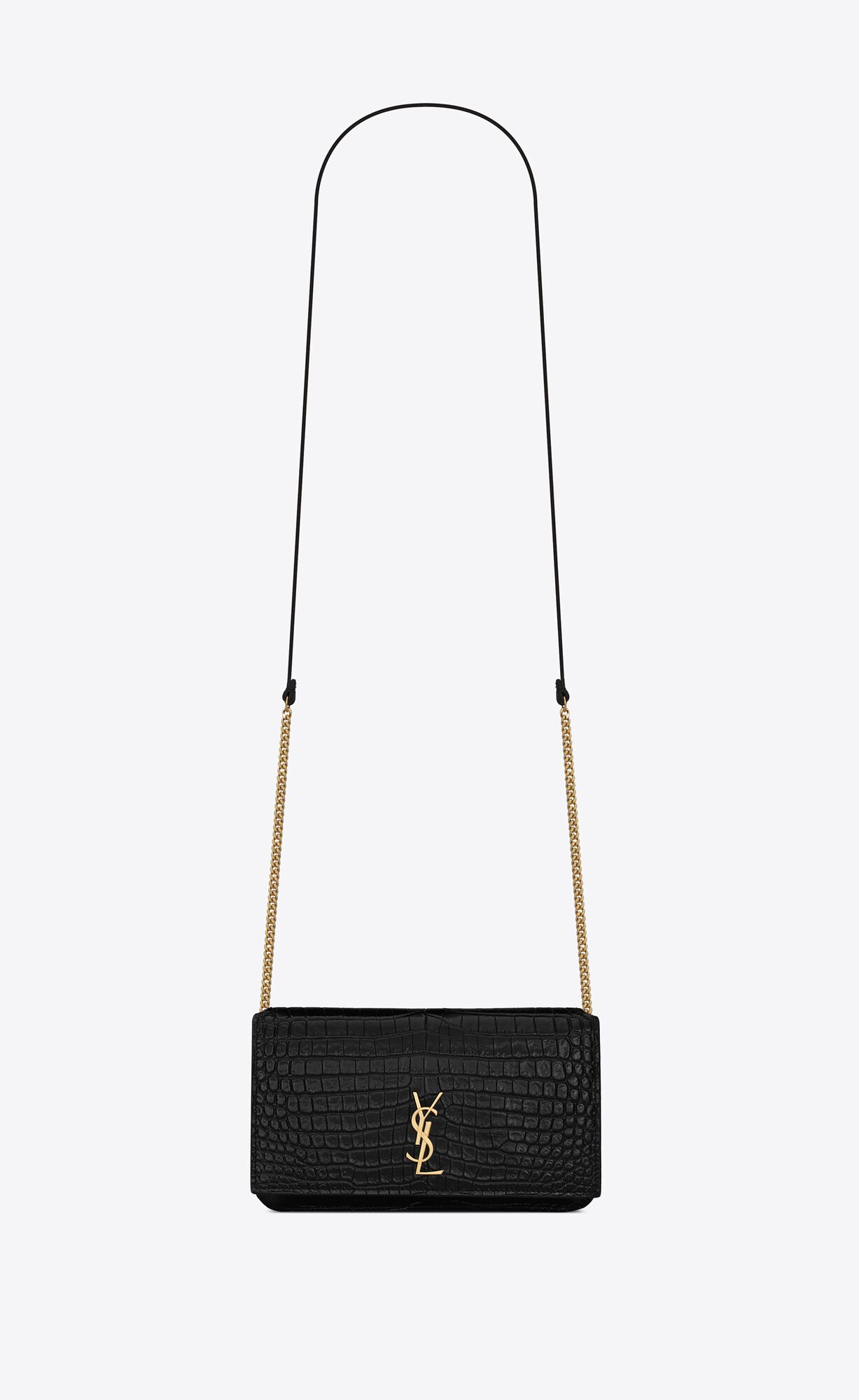 YSL Cassandre Phone Holder With Remienkove In Shiny Crocodile-embossed Kozene Čierne | 45021-AJVZ