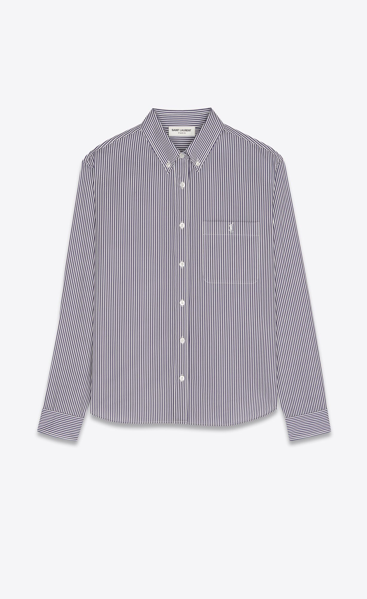 YSL Cassandre Shirt In Pruhované Bavlnene Poplin Blanc Et Encre | 09138-BKFS