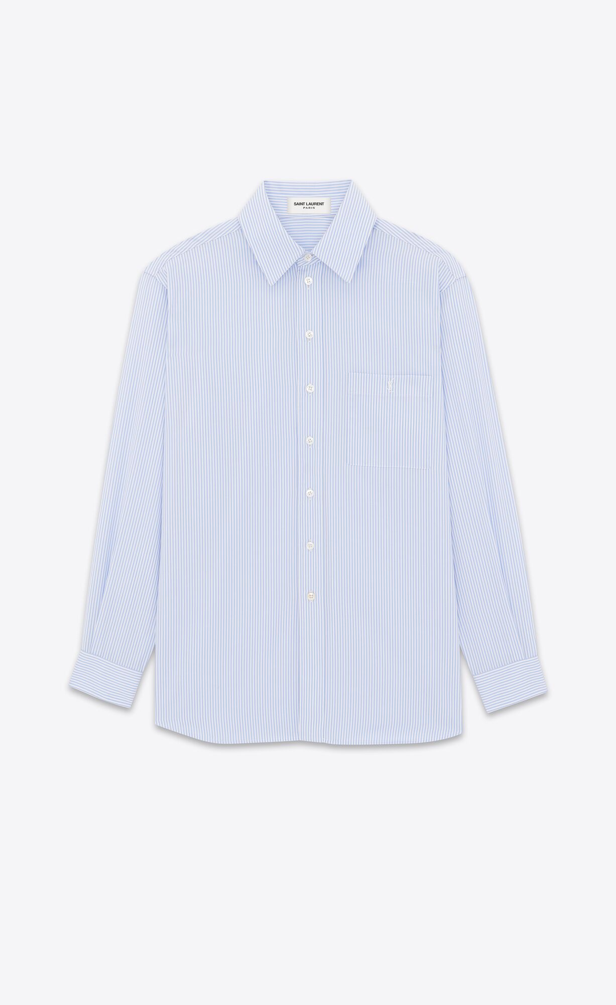 YSL Cassandre Shirt In Pruhované Bavlnene Poplin Blanc Ciel | 30792-HUMX