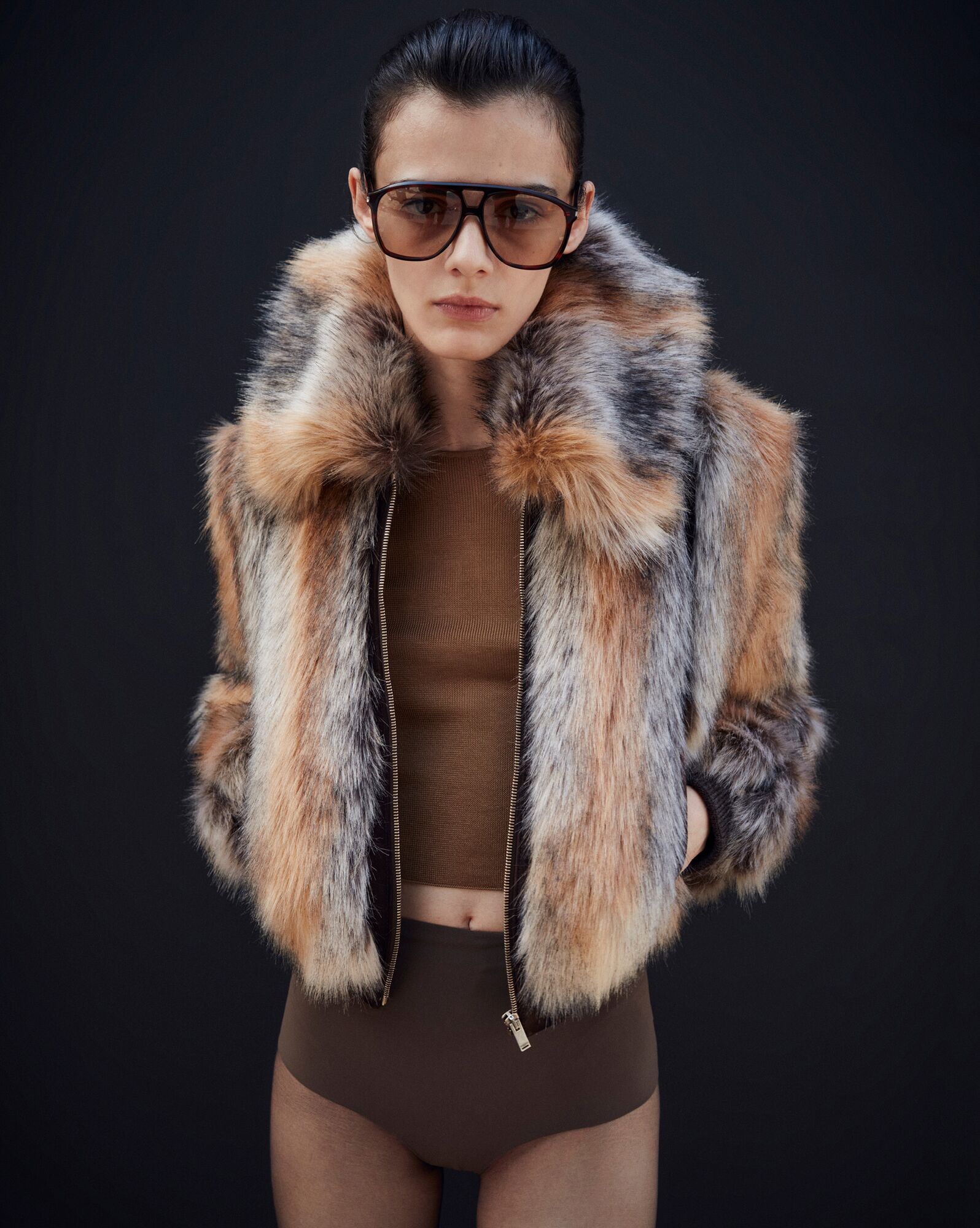 YSL Cropped Coat In Animal-free Fur Noir, Roux Et Creme | 86357-IVXN