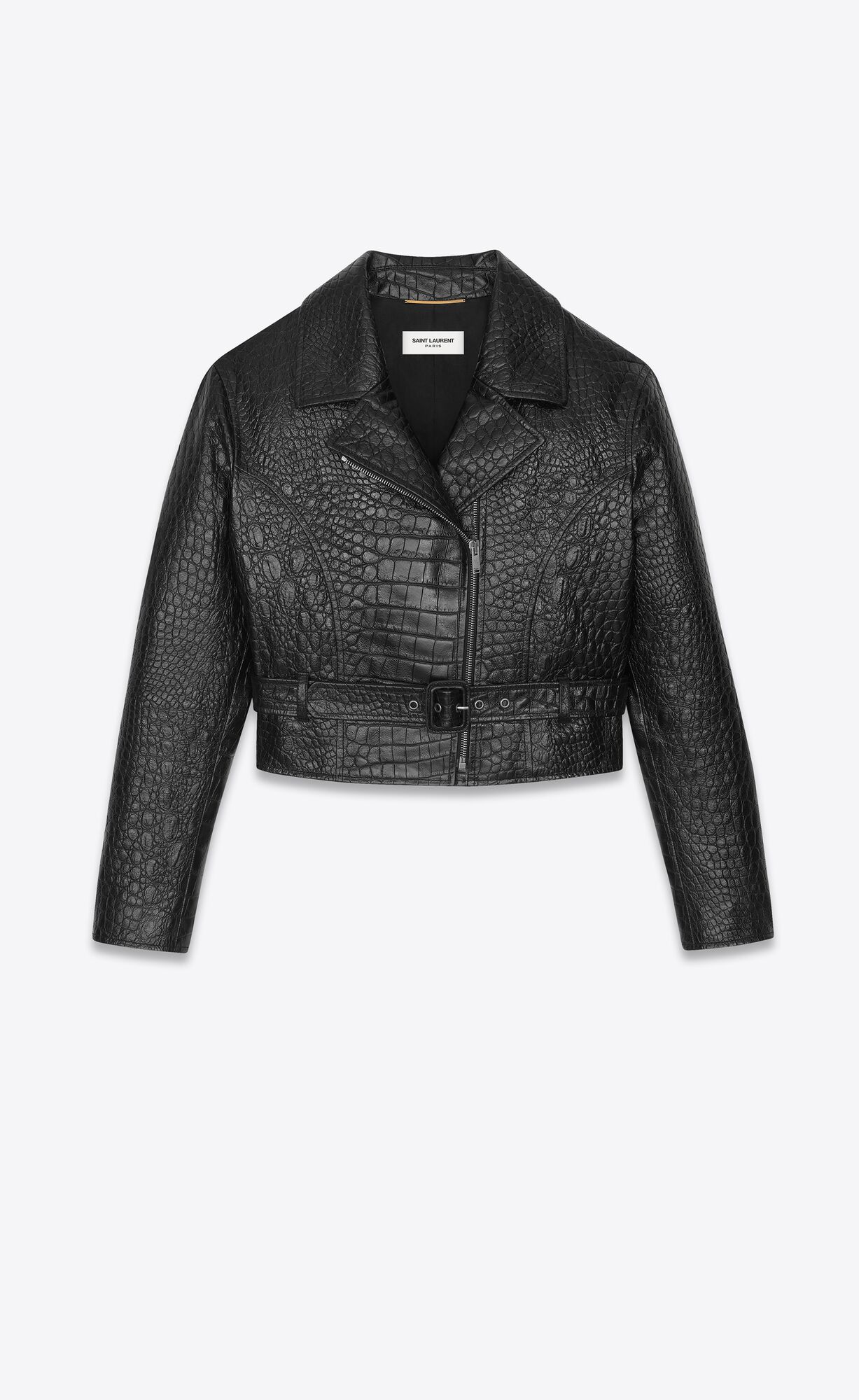 YSL Cropped Jacket In Crocodile-embossed Kozene Čierne | 83914-SIDM