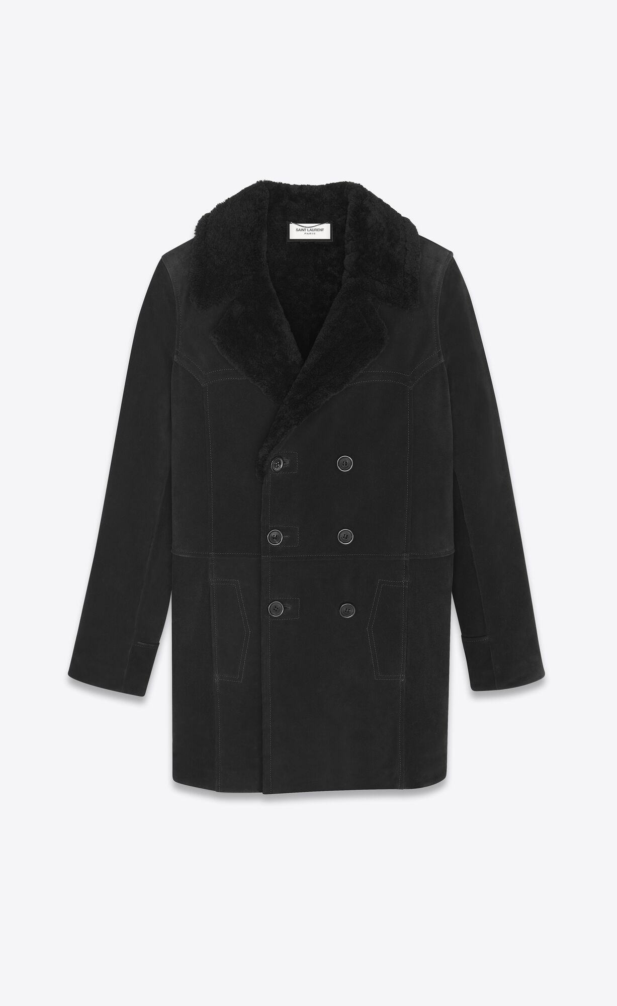 YSL Double-breasted Coat In Semisove And Shearling Čierne | 68513-JQRV