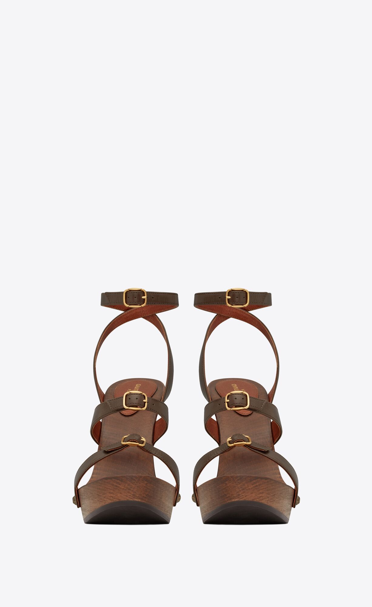 YSL Joan Platforme Sandals In Smooth Kozene And Wood Káva | 34957-SBPD