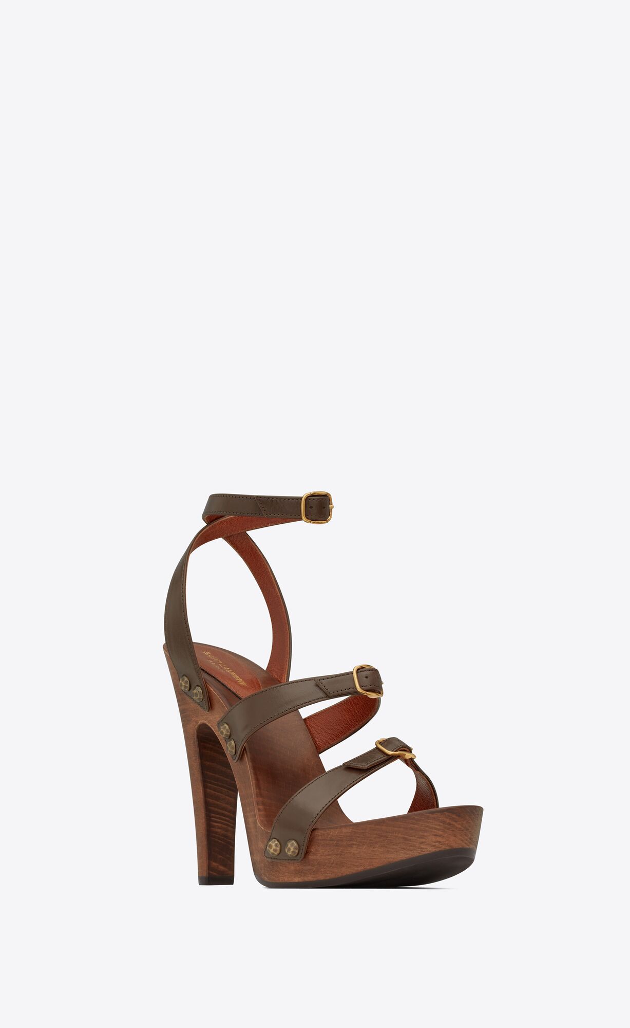 YSL Joan Platforme Sandals In Smooth Kozene And Wood Káva | 34957-SBPD