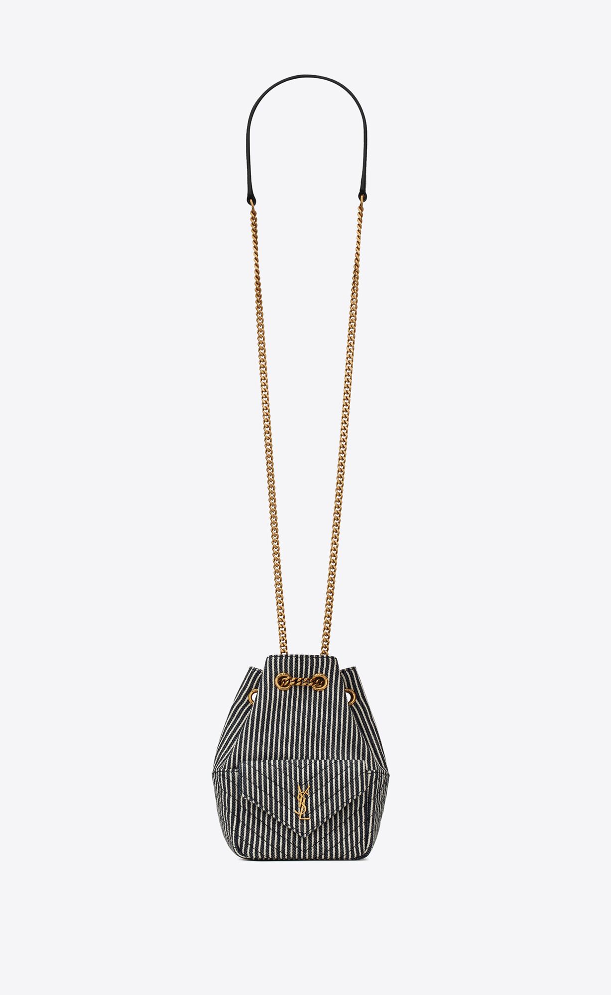 YSL Joe Mini Bucket Bag In Micro Stripped Denim Modre Biele | 86925-EWMR