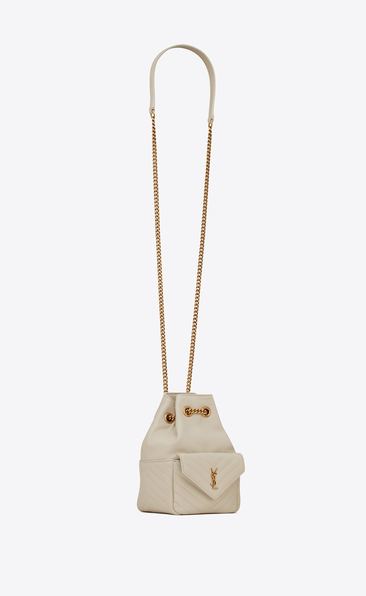 YSL Joe Mini Bucket Bag In Prešívané Lambskin Blanc Vintage | 47385-LBUR