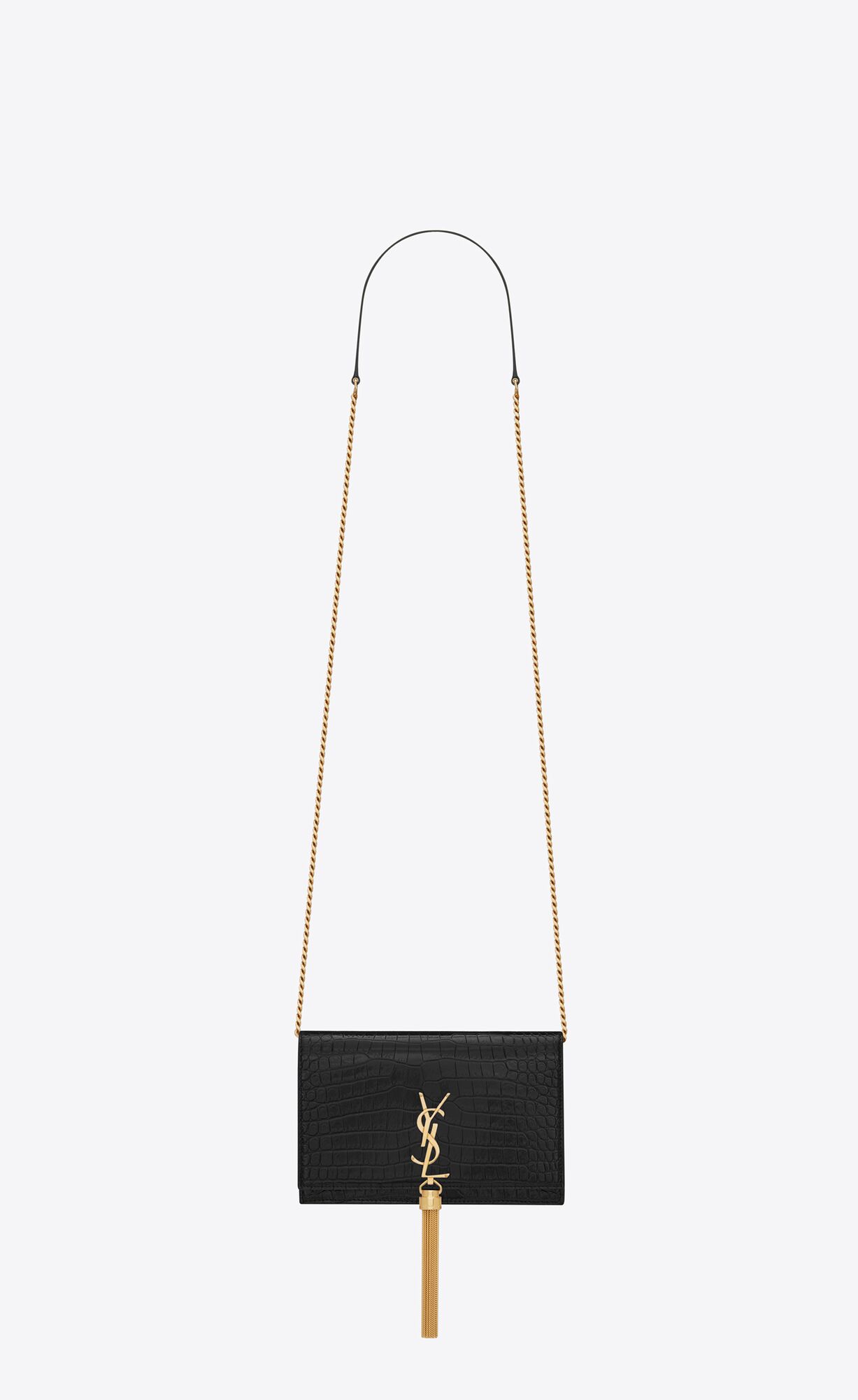 YSL Kate Chain Wallet With Tassel In Crocodile-embossed Shiny Kozene Čierne | 41302-SWZD