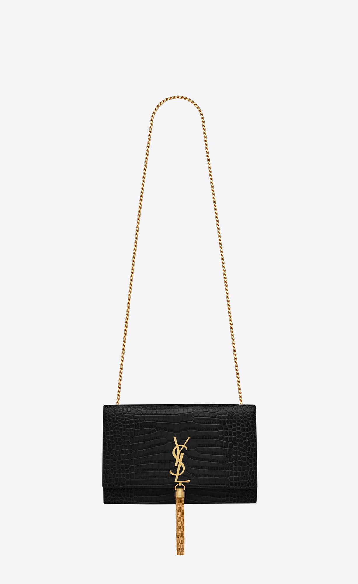 YSL Kate Medium Chain Bag With Tassel In Crocodile-embossed Shiny Kozene Čierne | 03971-JHWD