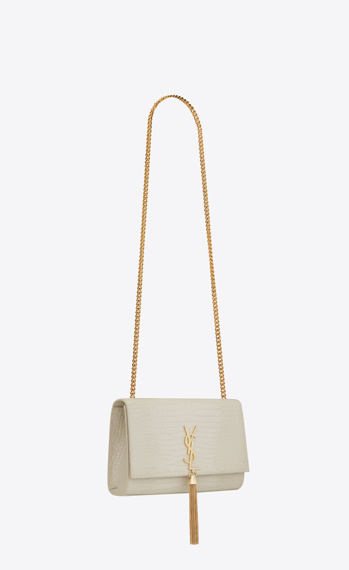 YSL Kate Medium Chain Bag With Tassel In Crocodile-embossed Shiny Kozene Blanc Vintage | 48507-PNYX