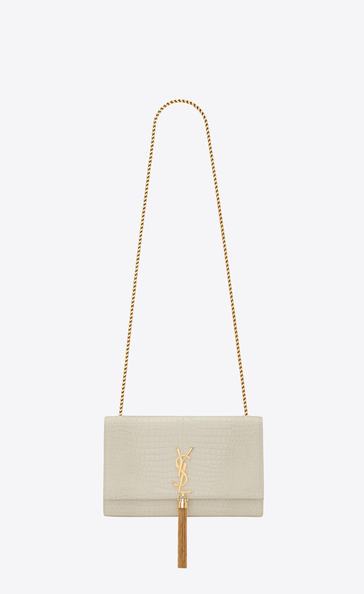 YSL Kate Medium Chain Bag With Tassel In Crocodile-embossed Shiny Kozene Blanc Vintage | 48507-PNYX