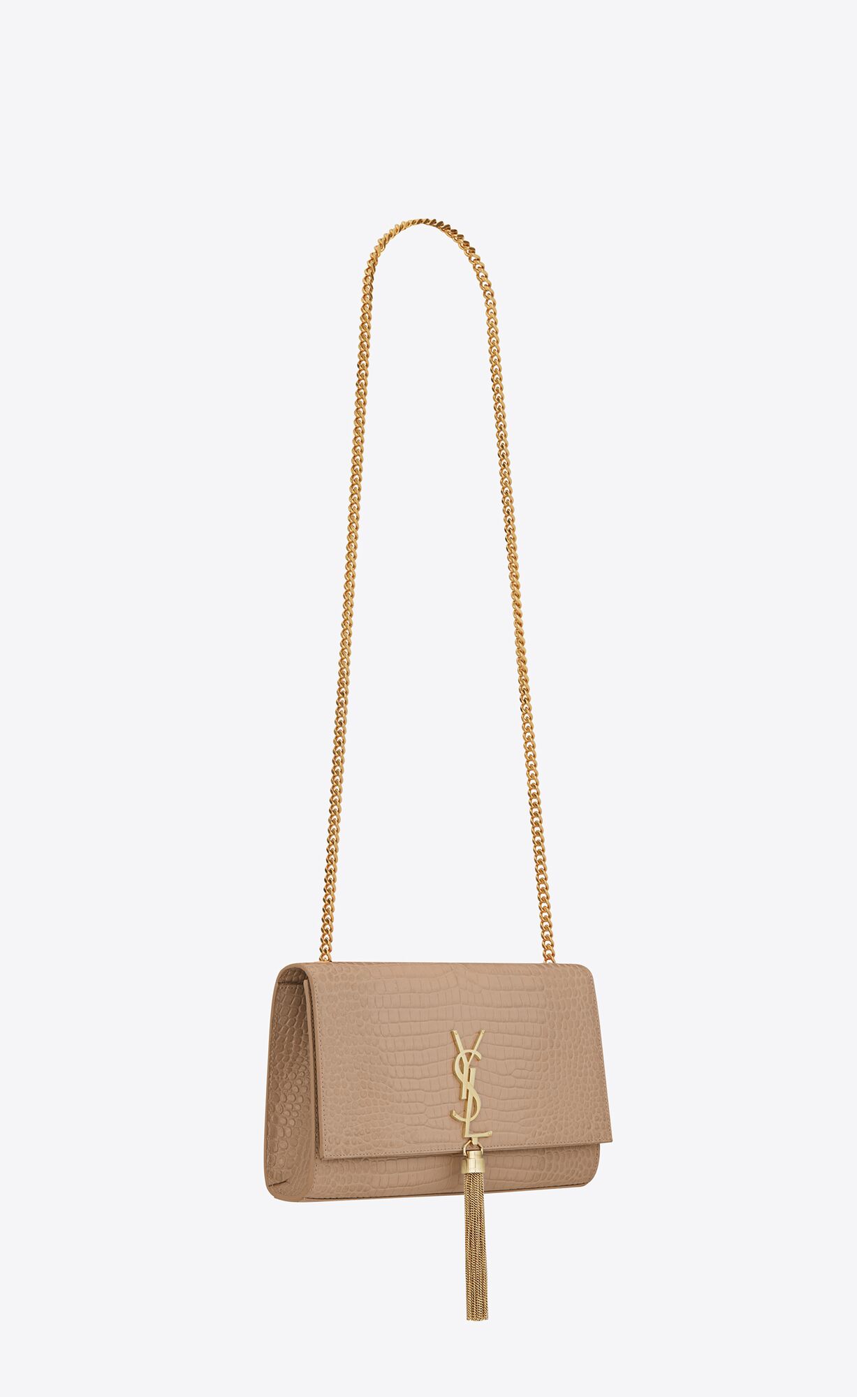 YSL Kate Medium Chain Bag With Tassel In Crocodile-embossed Shiny Kozene Tmavo Béžové | 63459-FRIZ