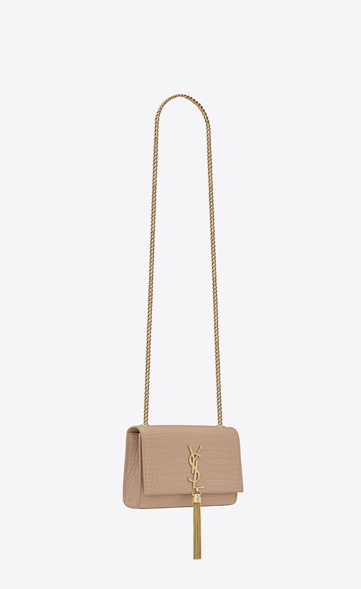 YSL Kate Small Chain Bag With Tassel In Crocodile-embossed Shiny Kozene Tmavo Béžové | 04972-EPNW