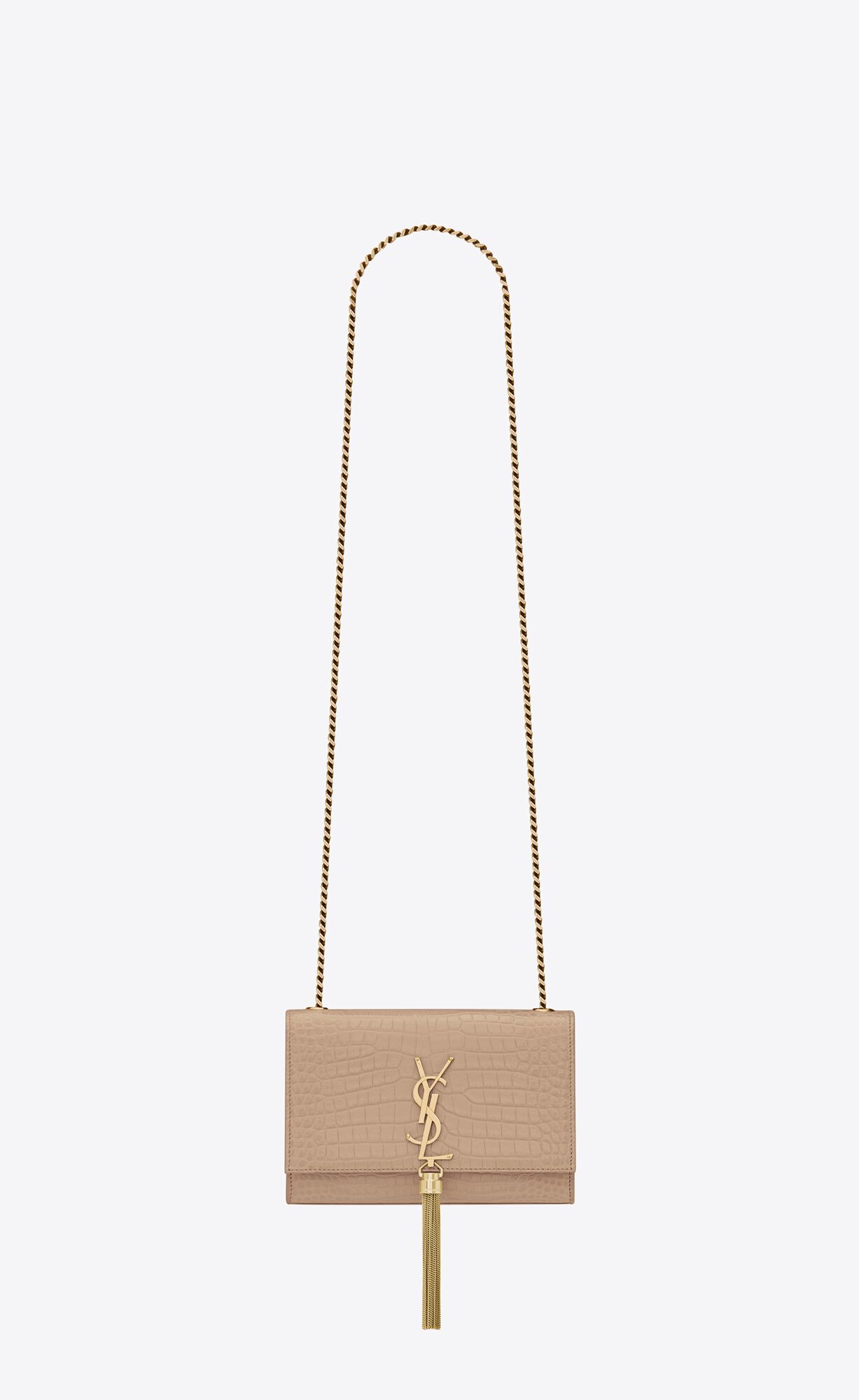 YSL Kate Small Chain Bag With Tassel In Crocodile-embossed Shiny Kozene Tmavo Béžové | 04972-EPNW