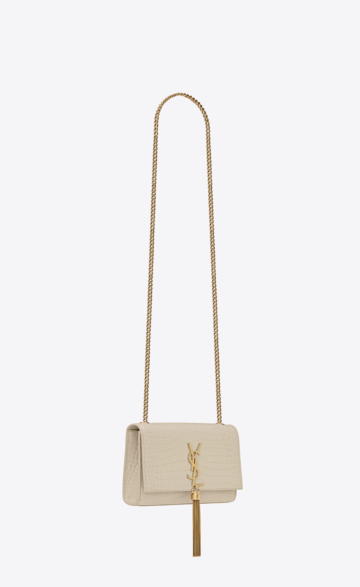 YSL Kate Small Chain Bag With Tassel In Crocodile-embossed Shiny Kozene Blanc Vintage | 60135-XWNU