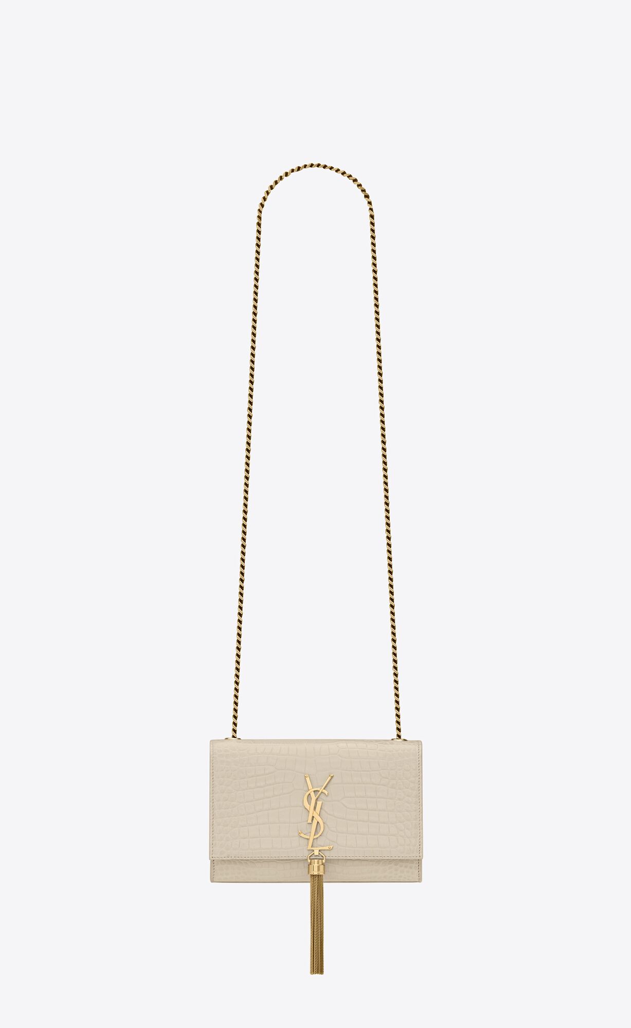 YSL Kate Small Chain Bag With Tassel In Crocodile-embossed Shiny Kozene Blanc Vintage | 60135-XWNU