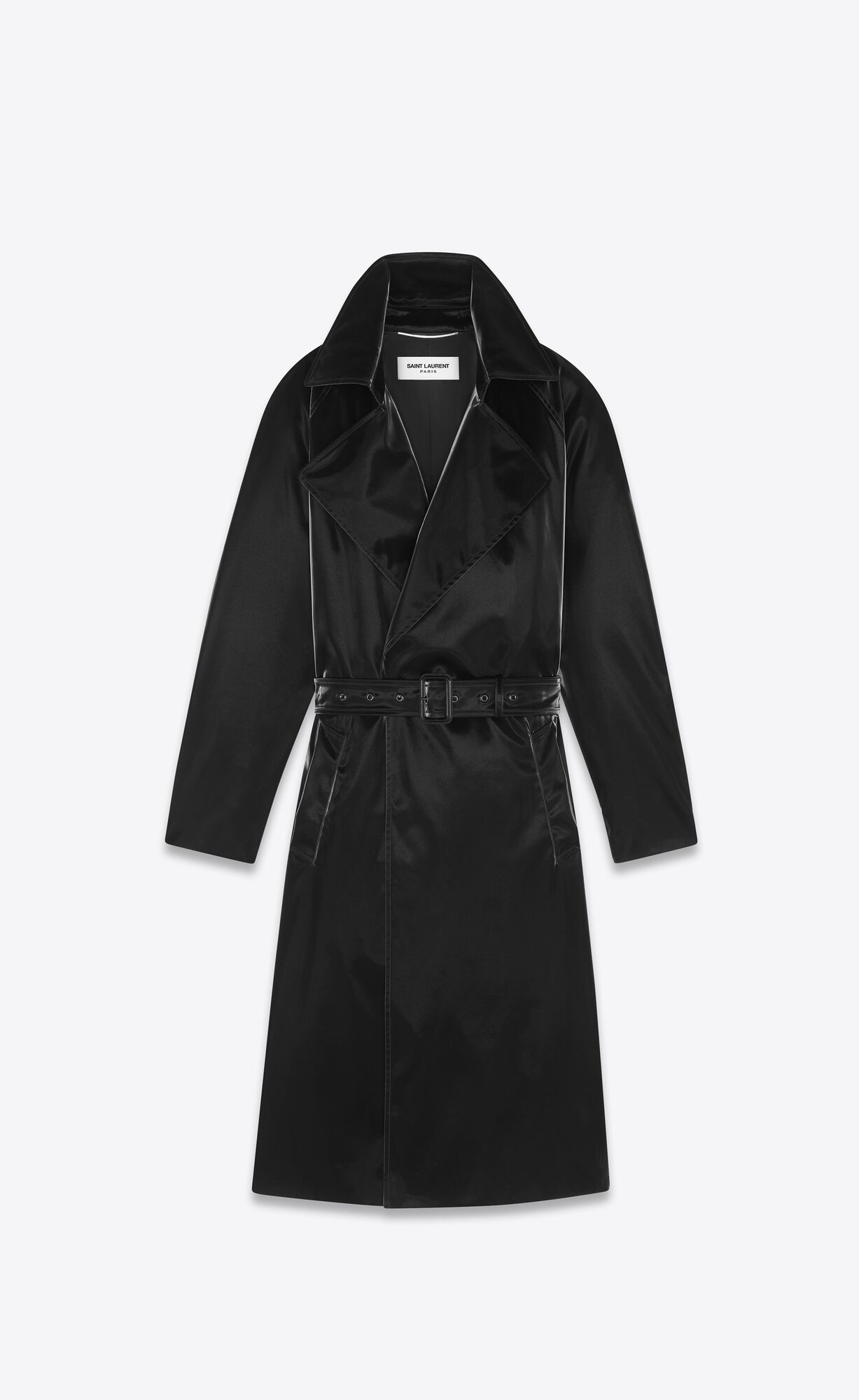 YSL Lacquered-effect Belted Coat Noir | 01854-PAKB