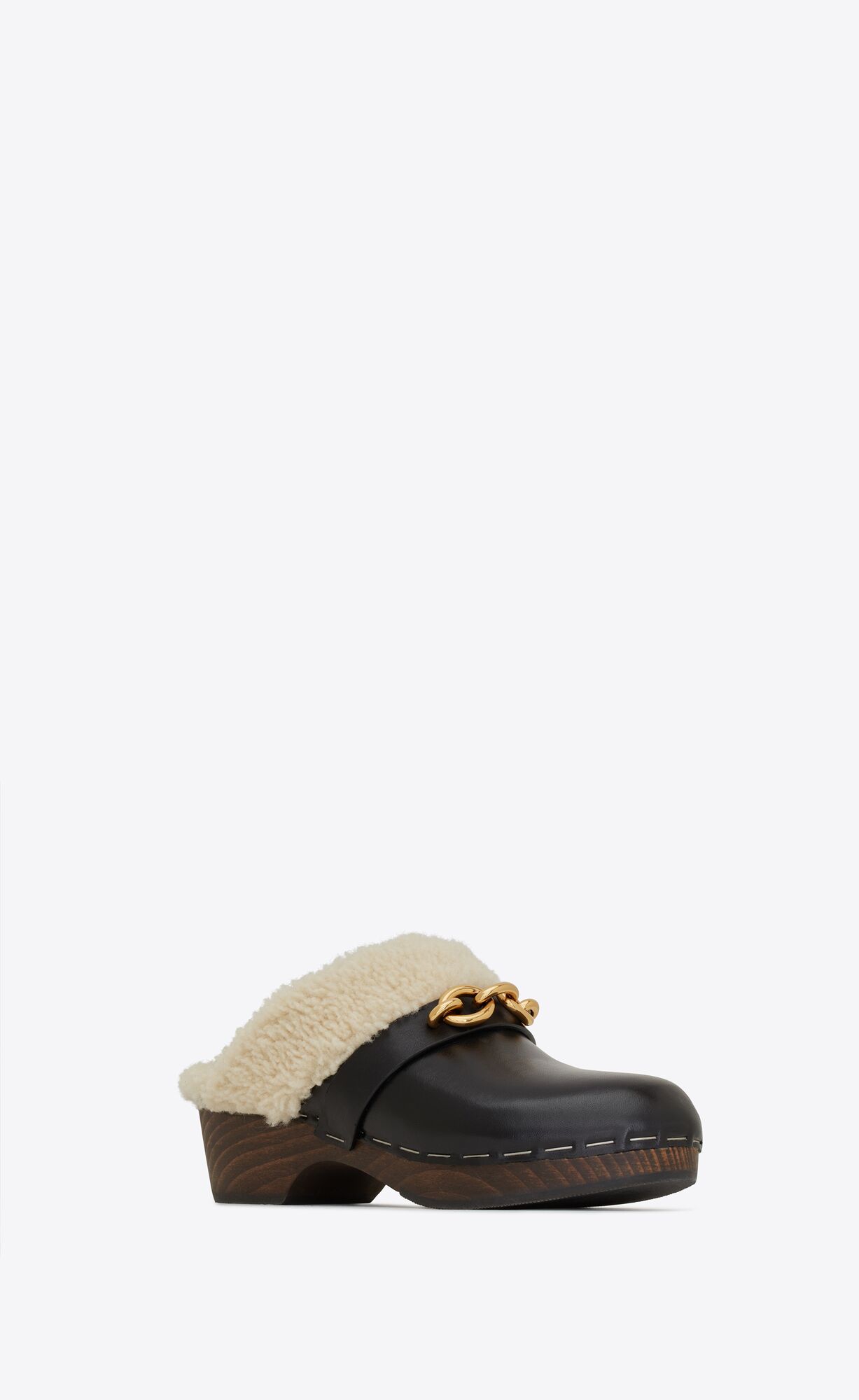 YSL Le Maillon Clogs In Smooth Kozene And Shearling Noir | 15687-YHWU