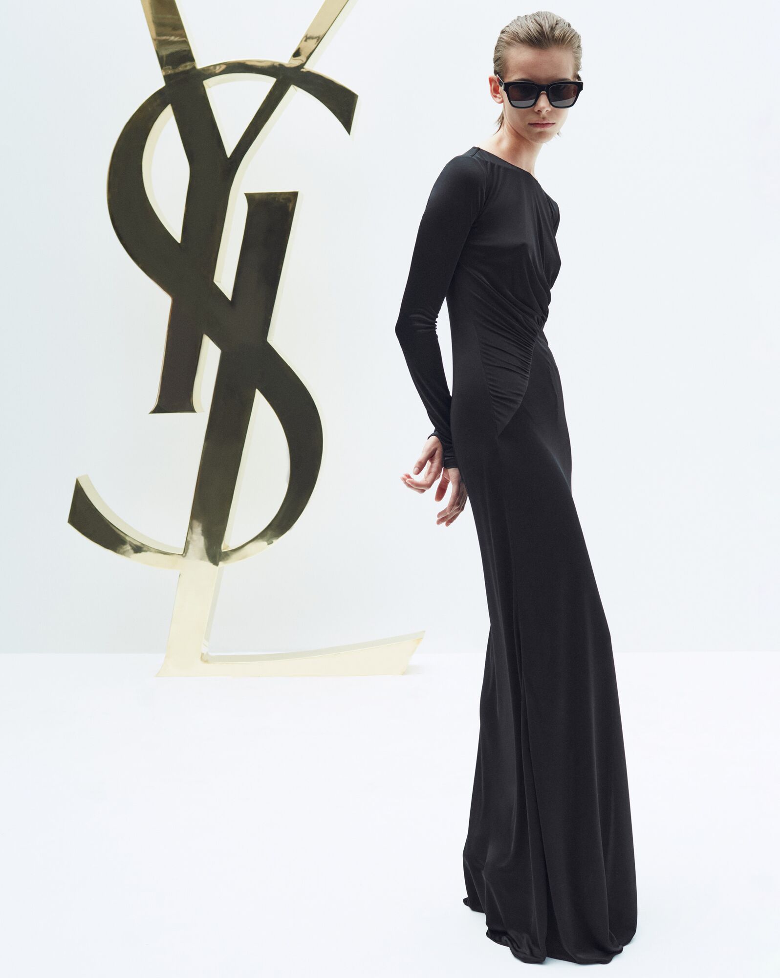 YSL Long Draped Saty In Crepe Jersey Čierne | 05374-KIQD