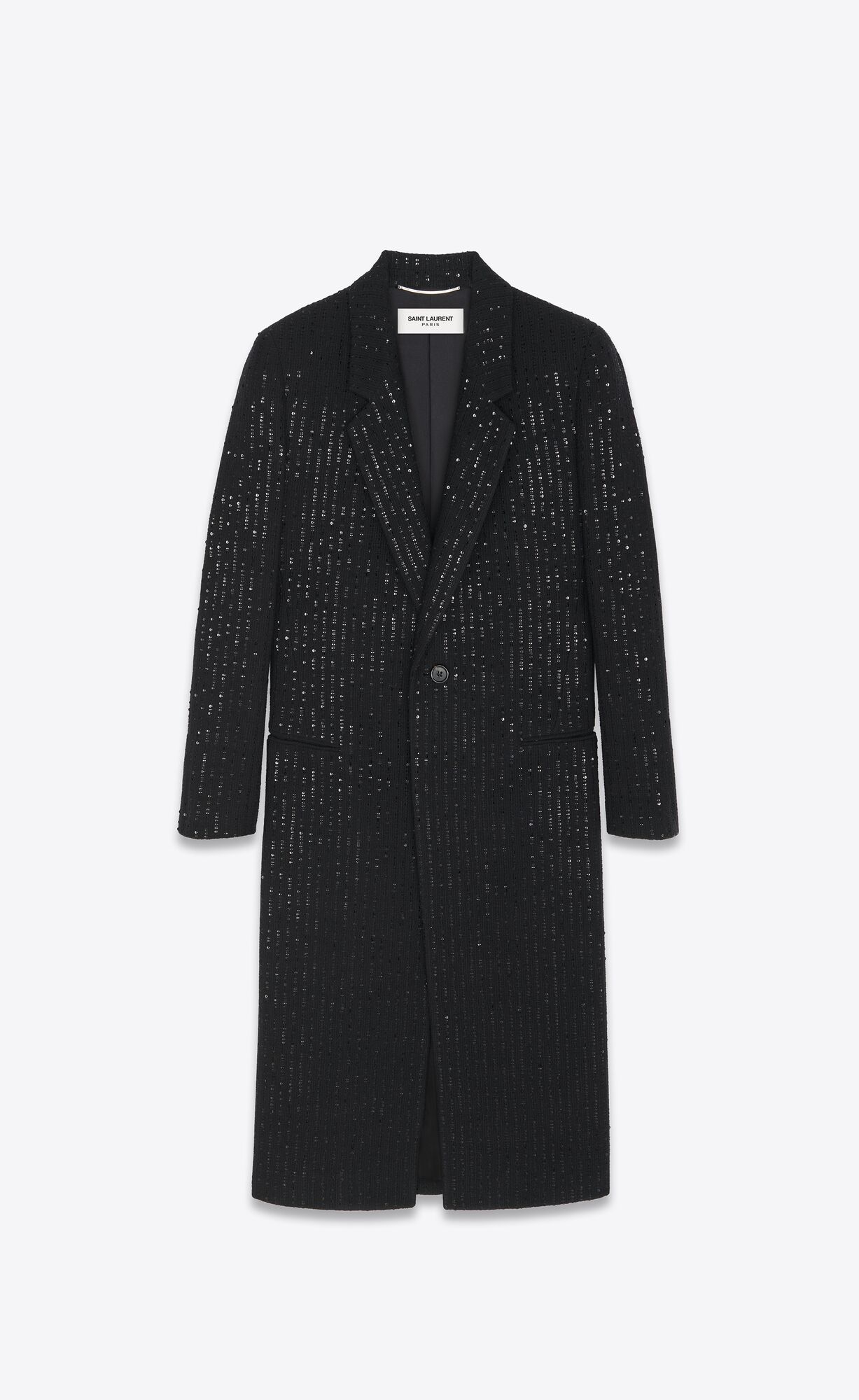 YSL Long Single-breasted Coat In Sequined Tweed Noir Brilliant | 92063-IXHK