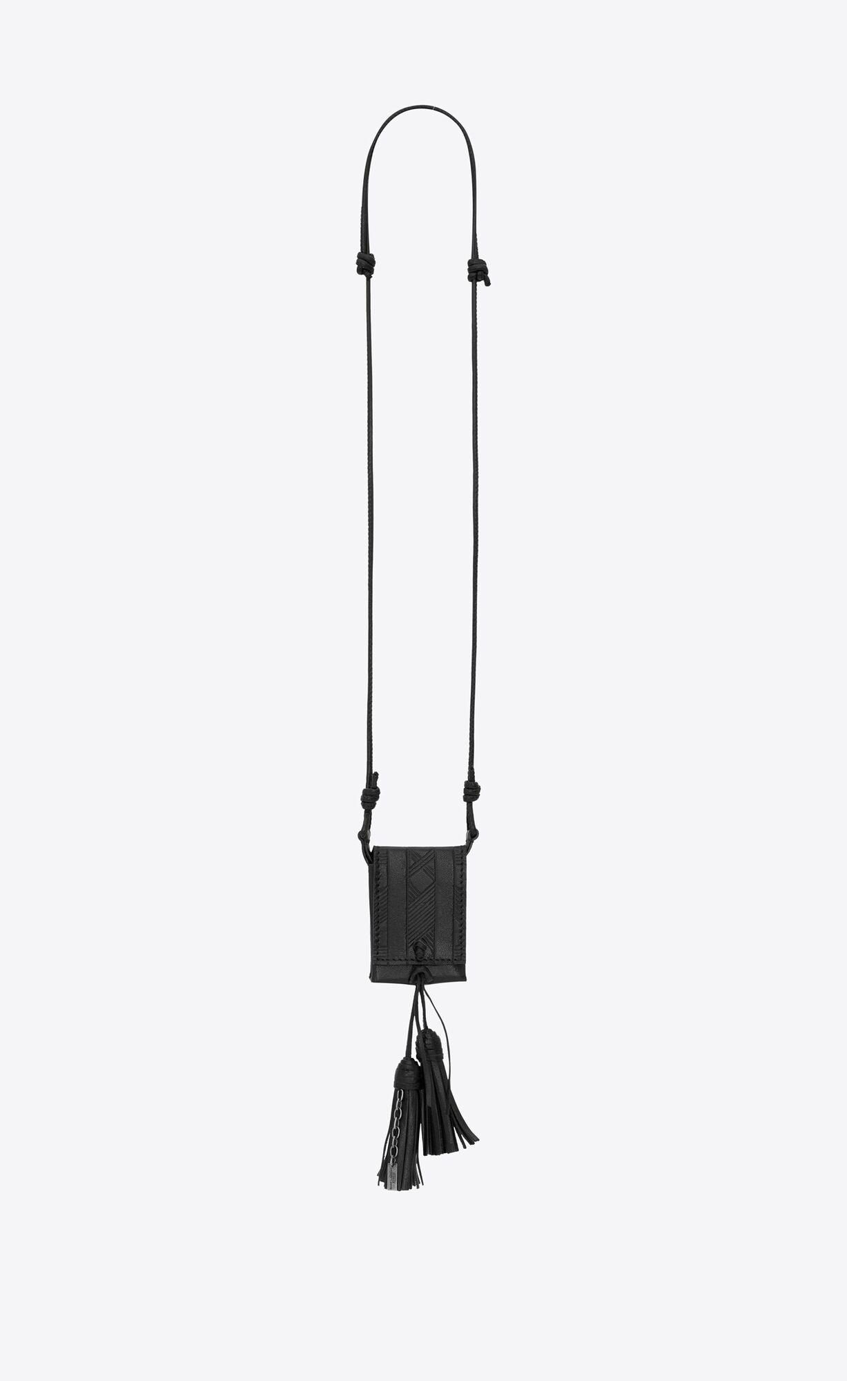 YSL Long Tassel Bag Necklace In Vegetable-tanned Kozene And Metal Čierne | 52947-OSJE