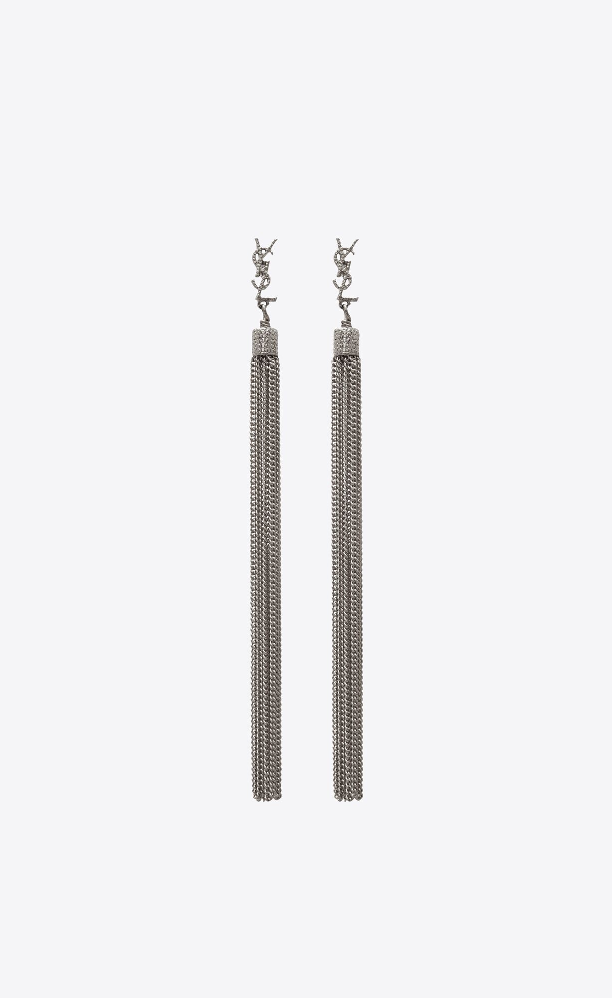 YSL Loulou Earrings With Chain Tassels In Silver Brass Strieborne | 53146-ZUNO