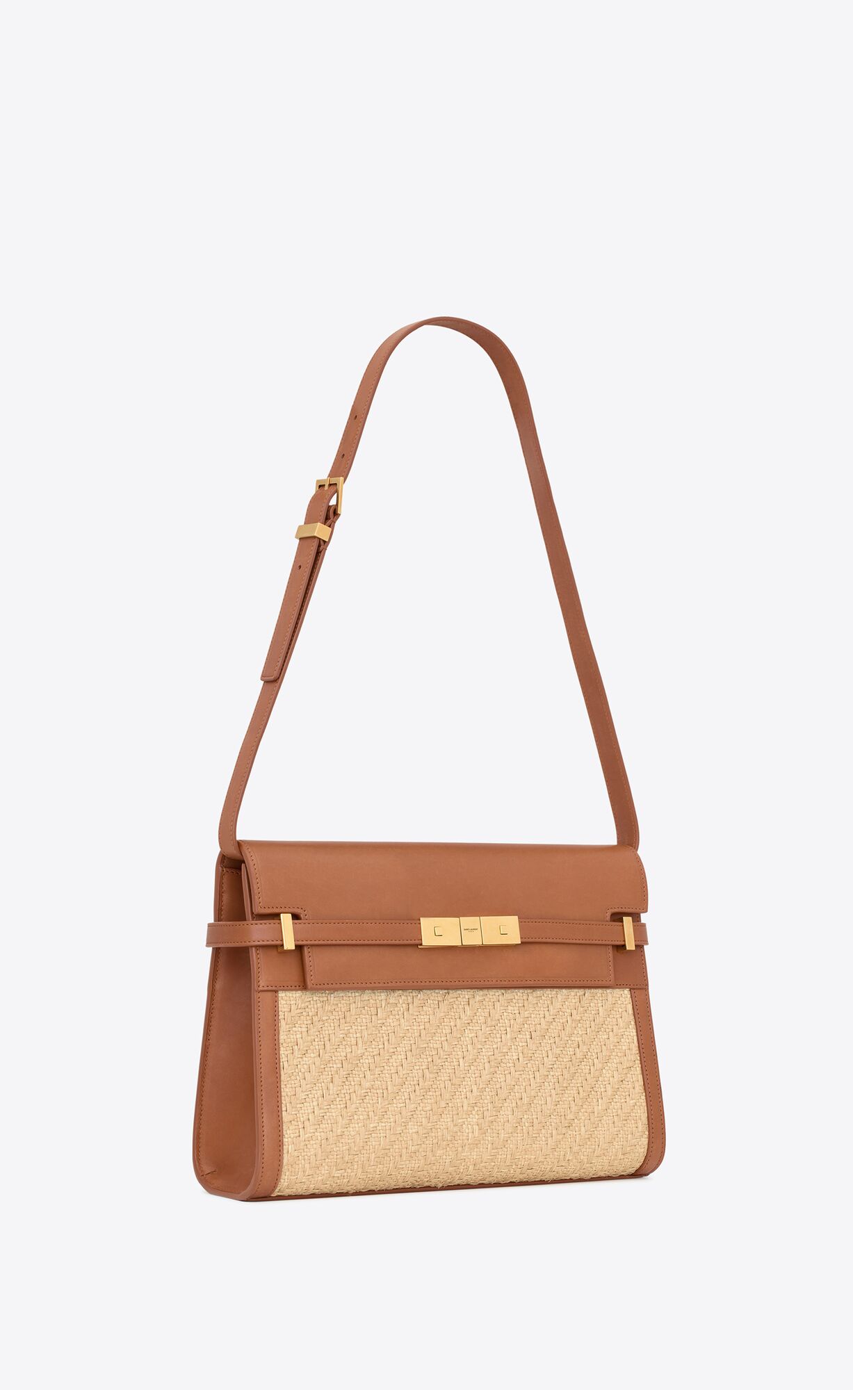 YSL Manhattan Shoulder Bag In Raffia And Vegetable-tanned Kozene Béžové Hnede Tmavo Červené | 98245-PIHE