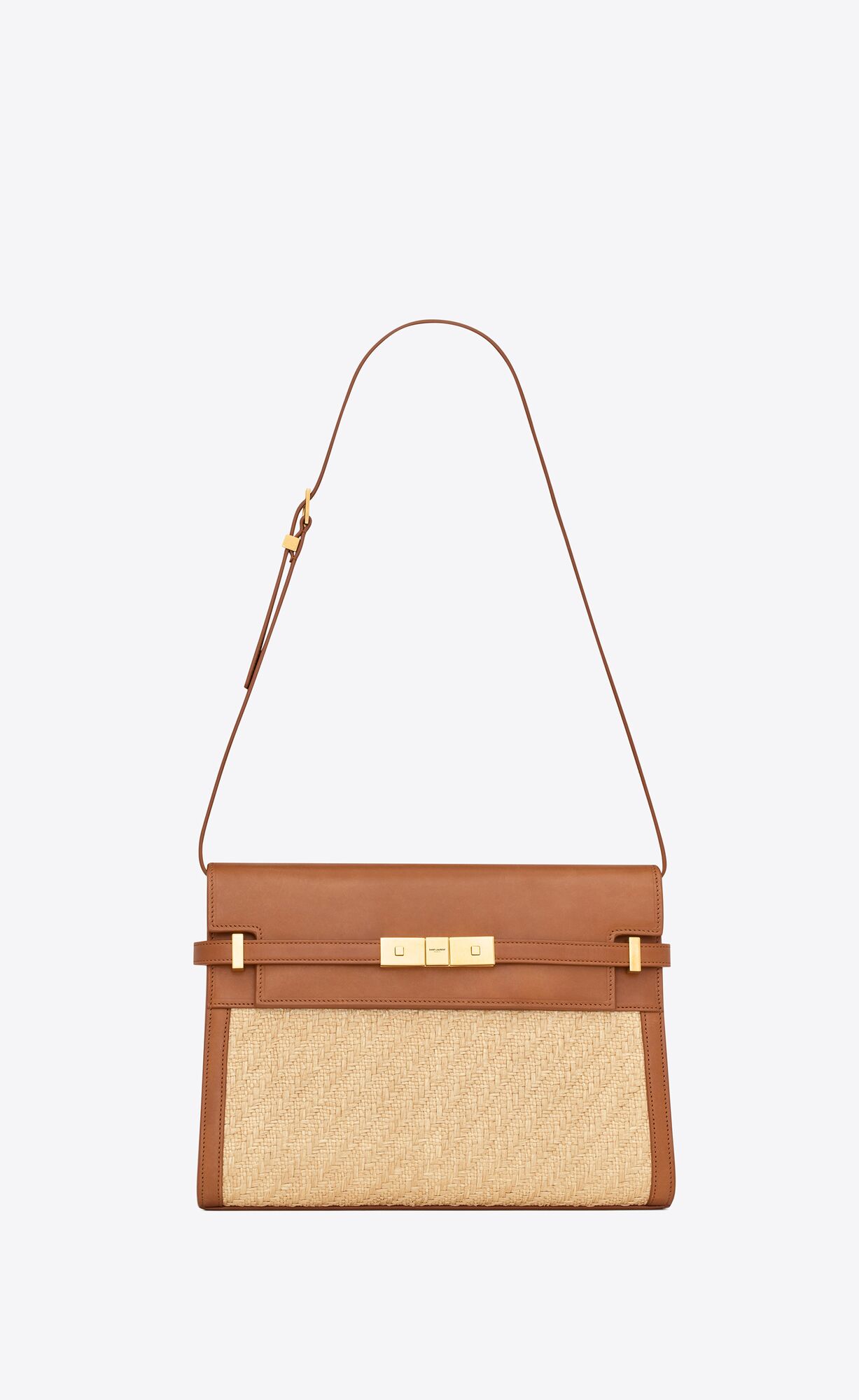 YSL Manhattan Shoulder Bag In Raffia And Vegetable-tanned Kozene Béžové Hnede Tmavo Červené | 98245-PIHE