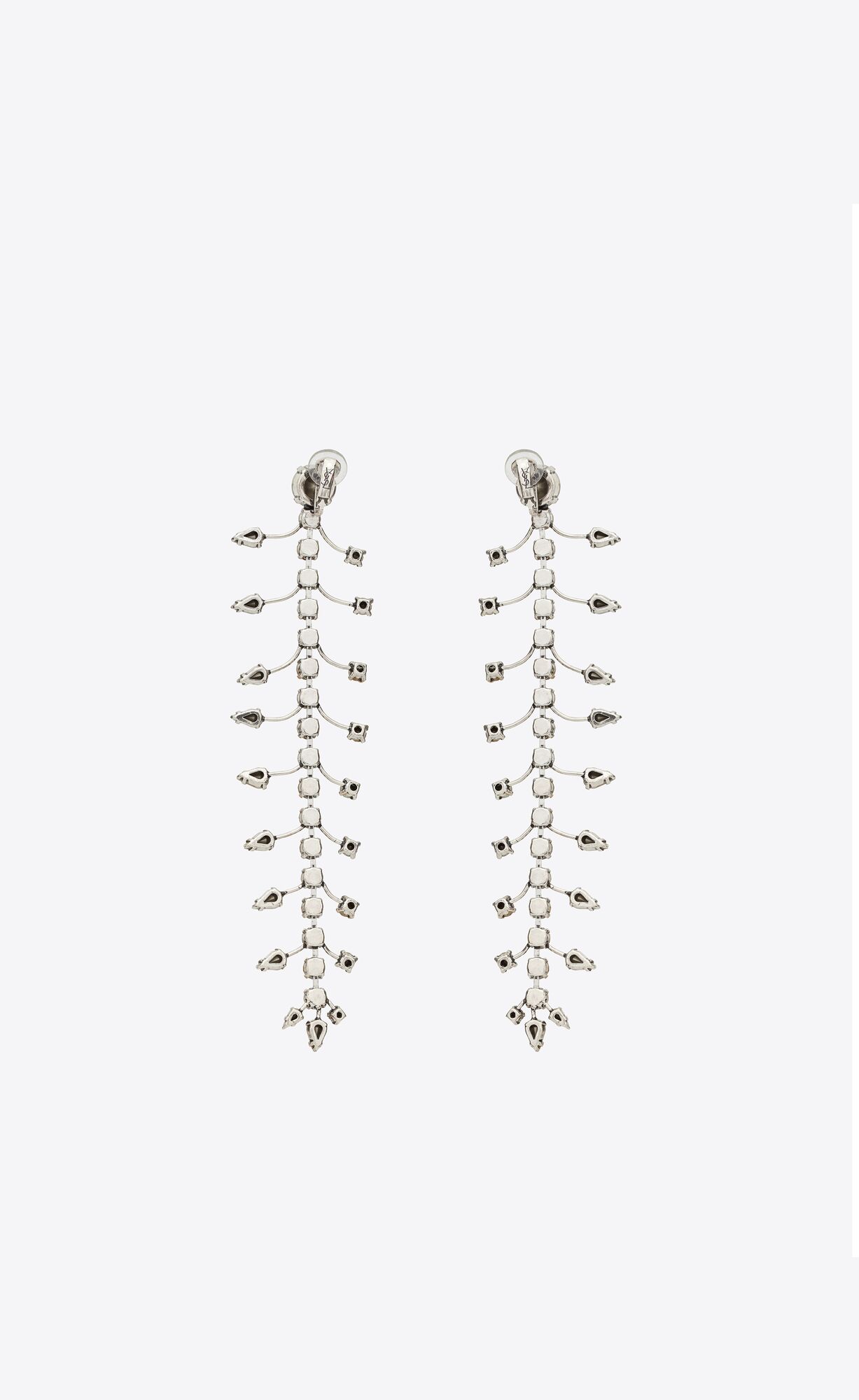 YSL Rhinestone Fish Bone Drop Earrings In Metal Strieborne | 75819-KJAD