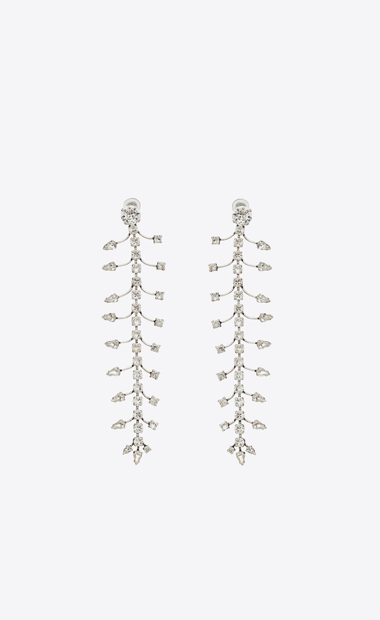 YSL Rhinestone Fish Bone Drop Earrings In Metal Strieborne | 75819-KJAD