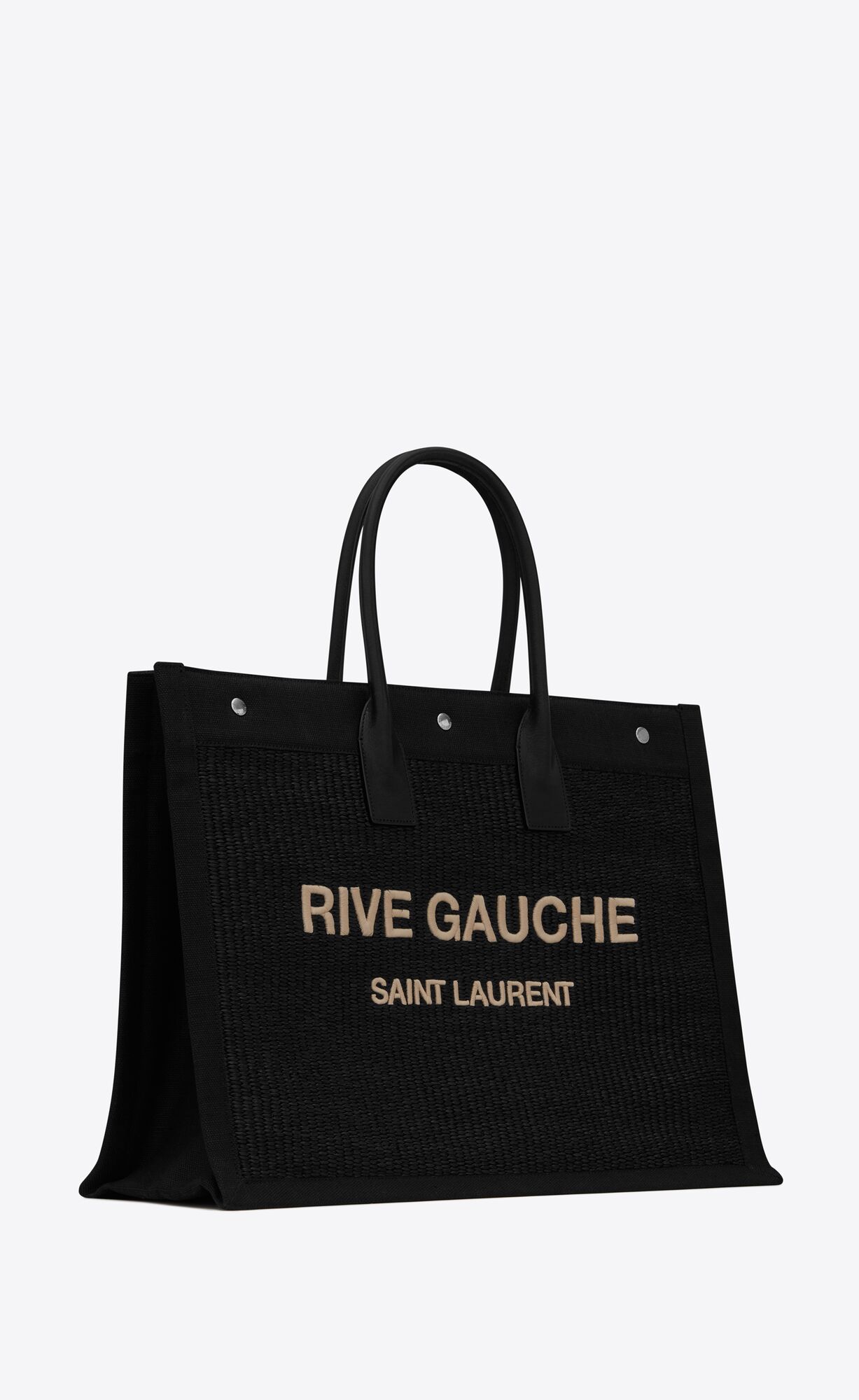 YSL Rive Gauche Large Tote Bag In Embroidered Raffia And Kozene Noir | 79641-NBIR