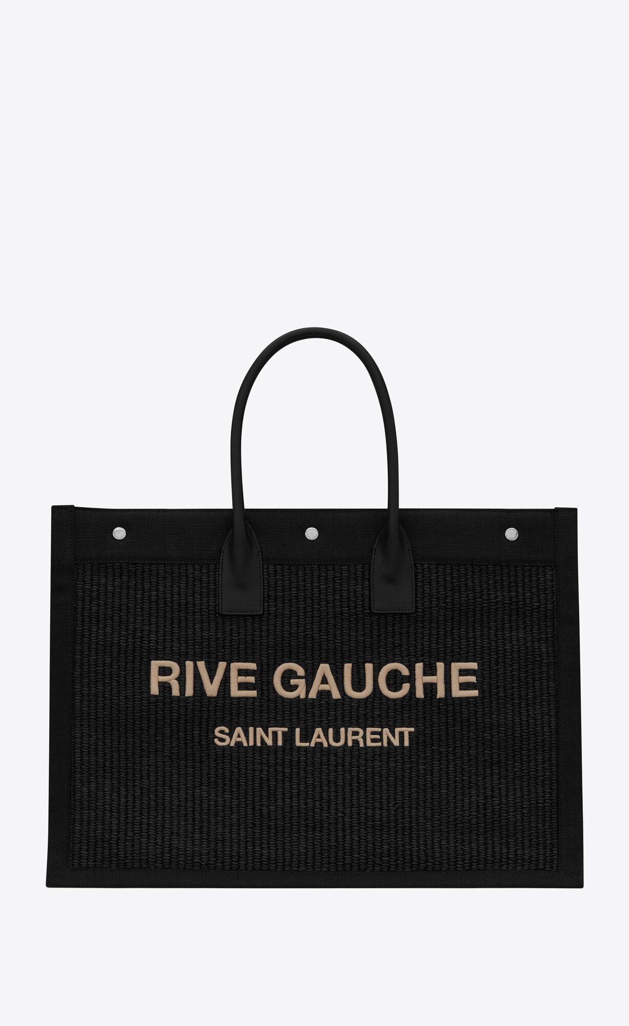 YSL Rive Gauche Large Tote Bag In Embroidered Raffia And Kozene Noir | 79641-NBIR