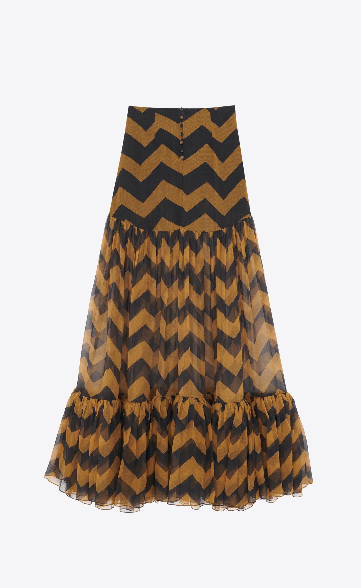 YSL Ruffled Long Skirt In Chevron Silk Paille Et Noir | 71592-OHBZ