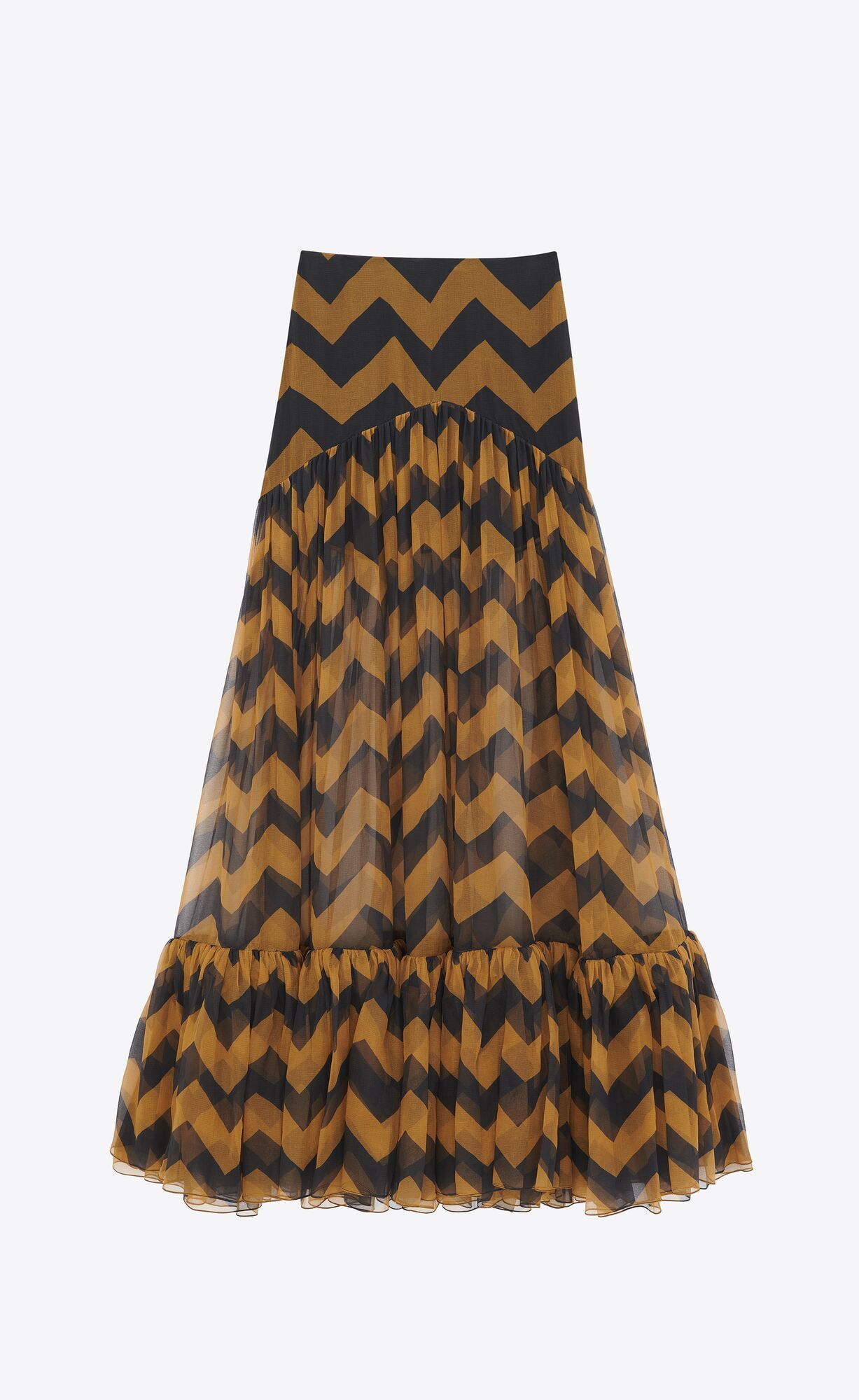 YSL Ruffled Long Skirt In Chevron Silk Paille Et Noir | 71592-OHBZ