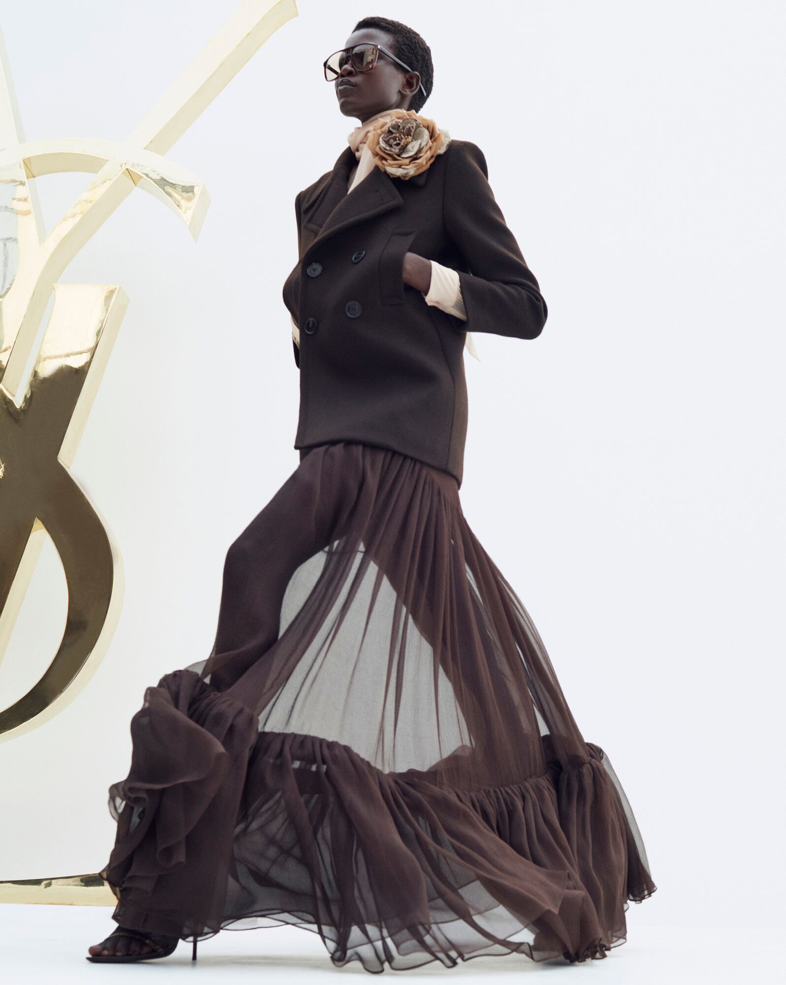 YSL Ruffled Long Skirt In Silk Marron Fonce | 16325-DQEB